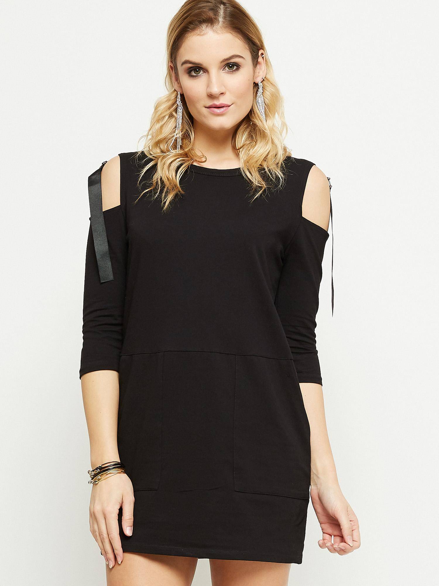 Dress cold shoulders with ribbons black