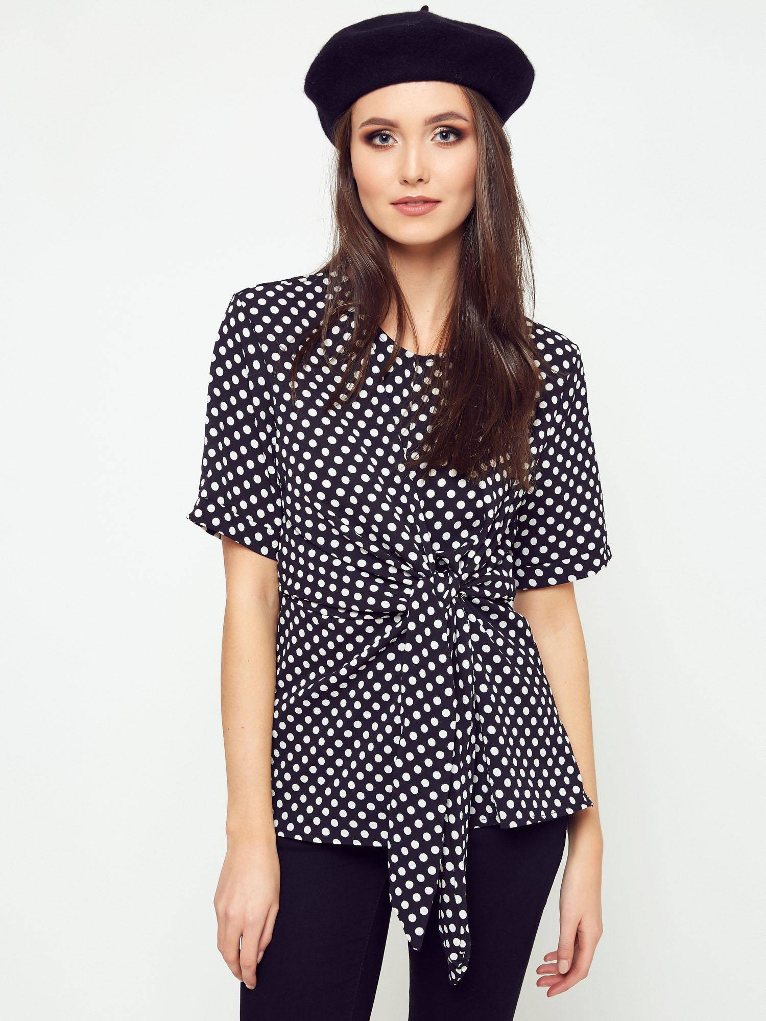 Polka Dot Blouse With Decorative Binding Black