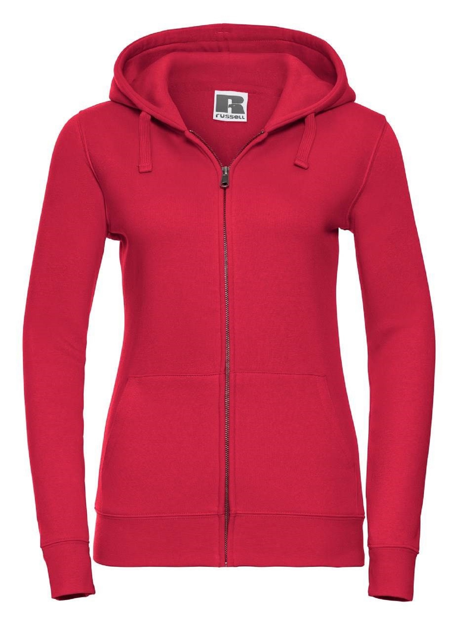 Red women's sweatshirt with hood and zipper Authentic Russell