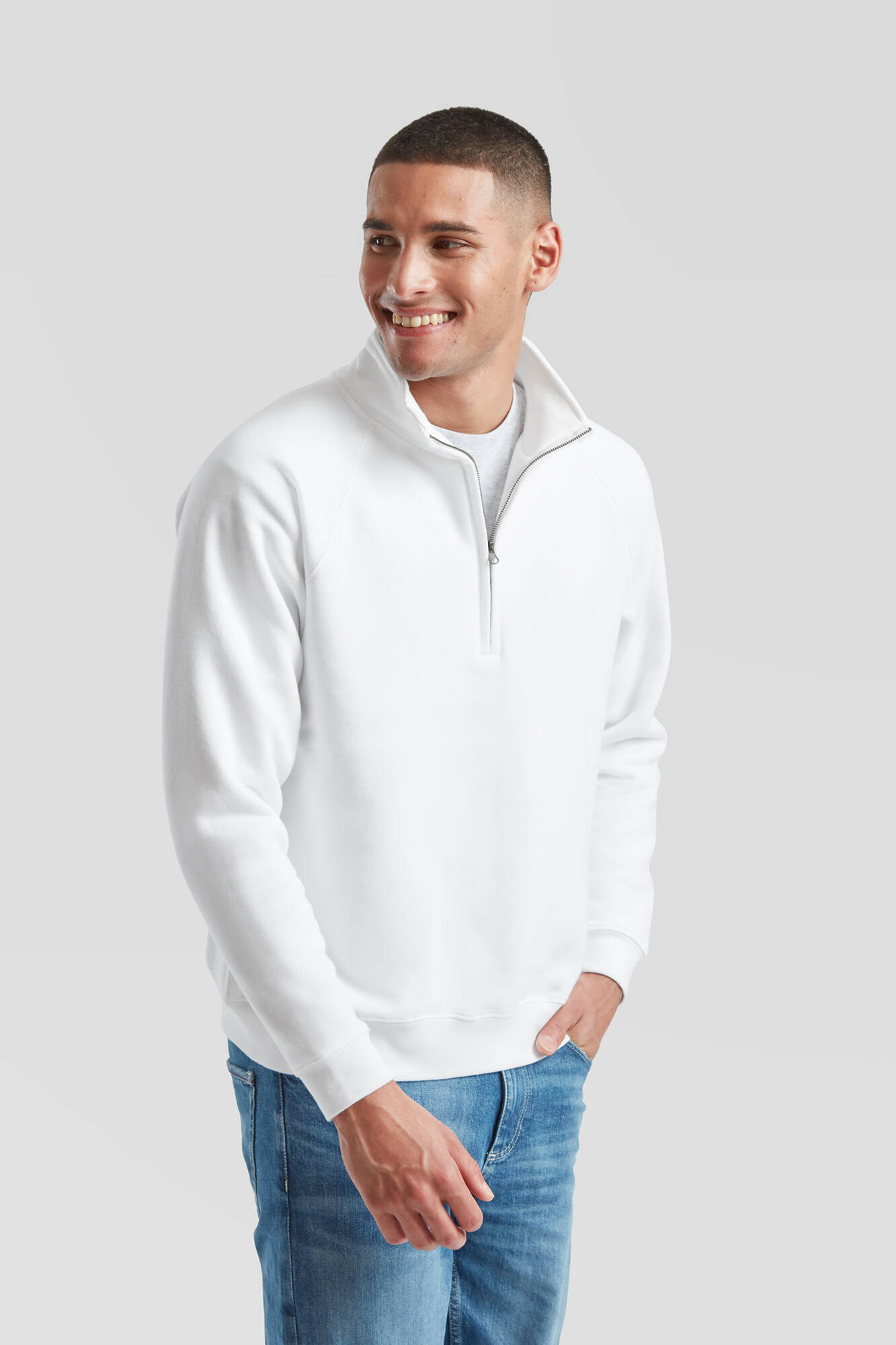White Men&#039;s Zip Neck Sweat Fruit of the Loom