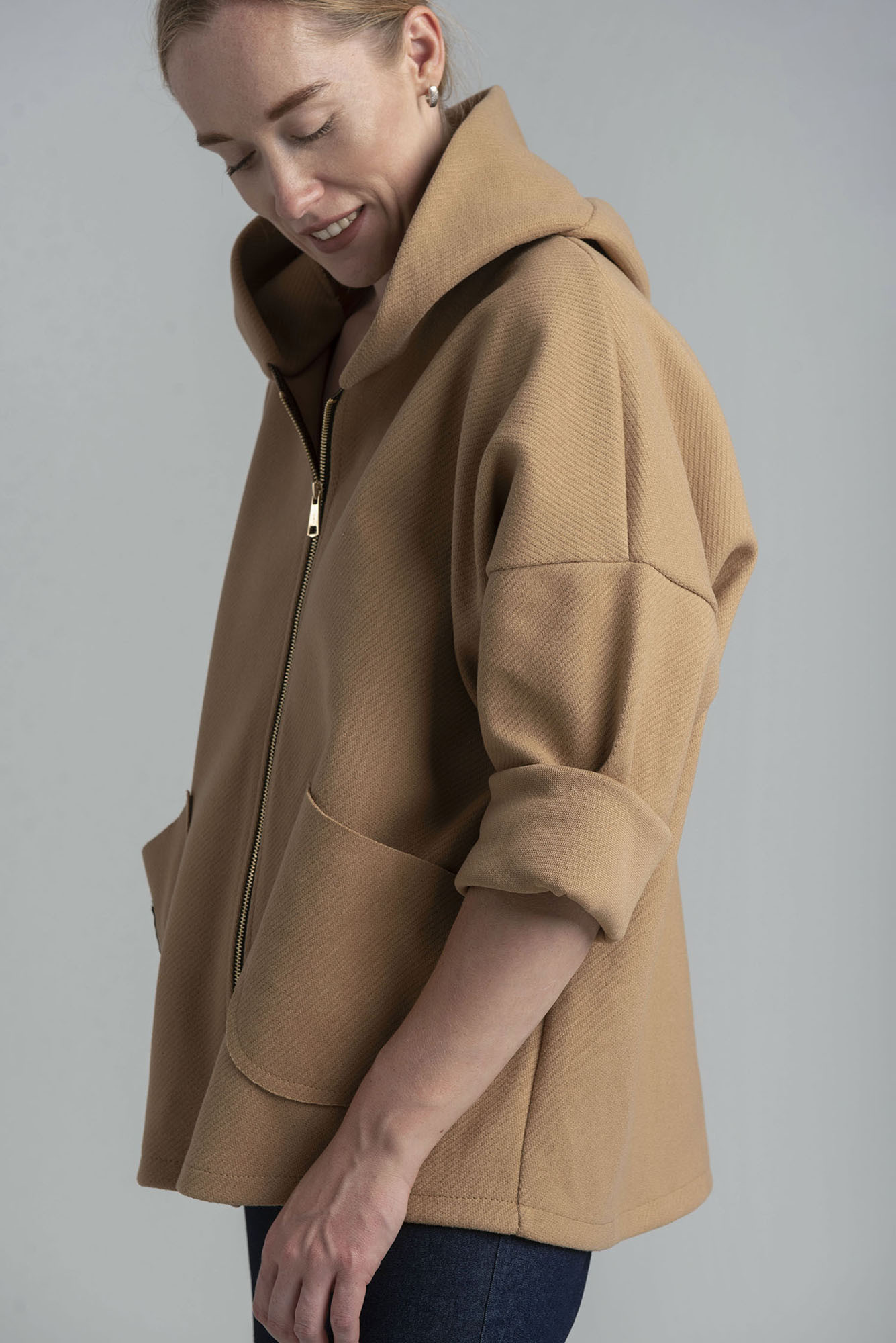 Camel transitional light jacket with hood