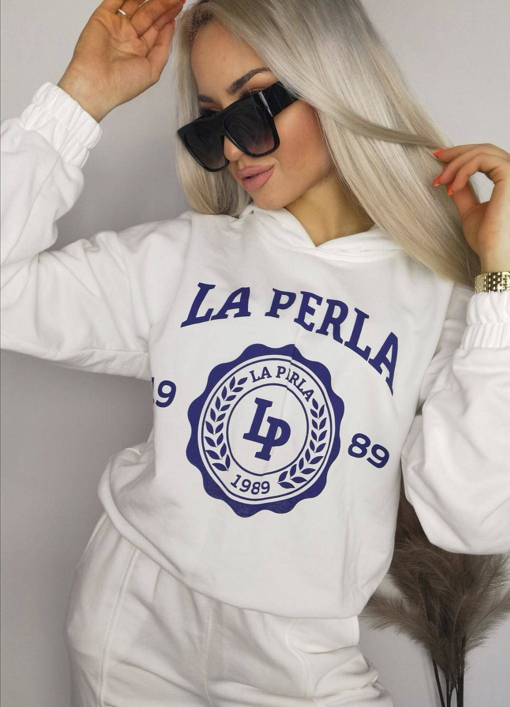 White sweatshirt set with La Perla print