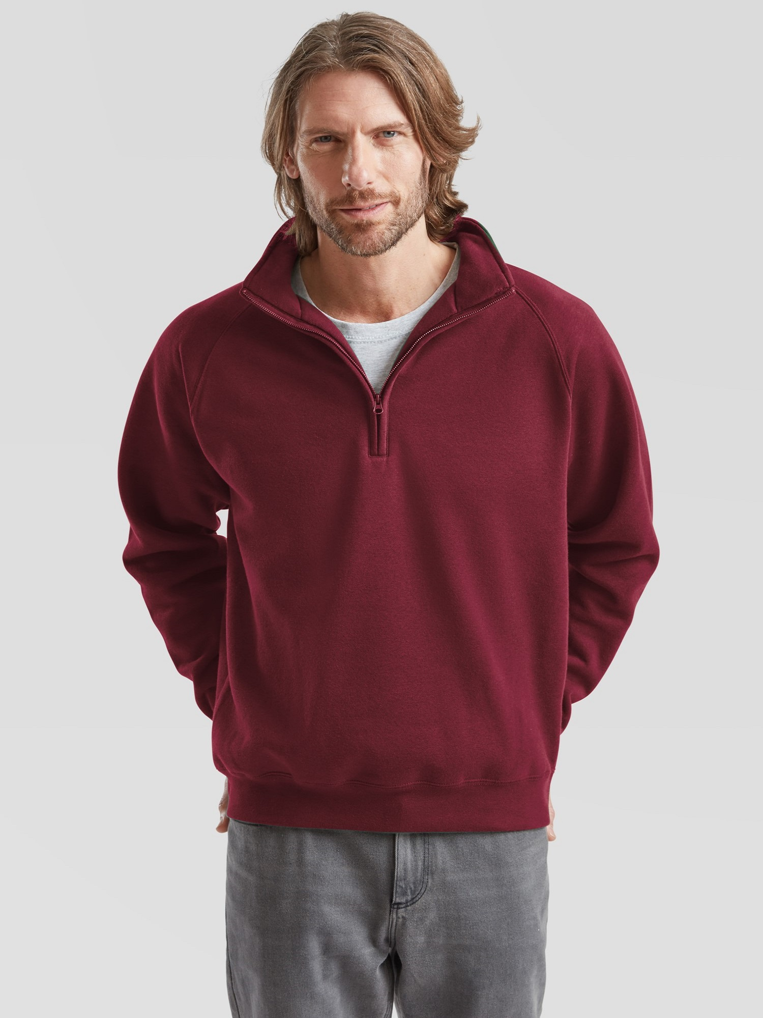 Burgundy men&#039;s sweatshirt Zip Neck Sweat Fruit of the Loom