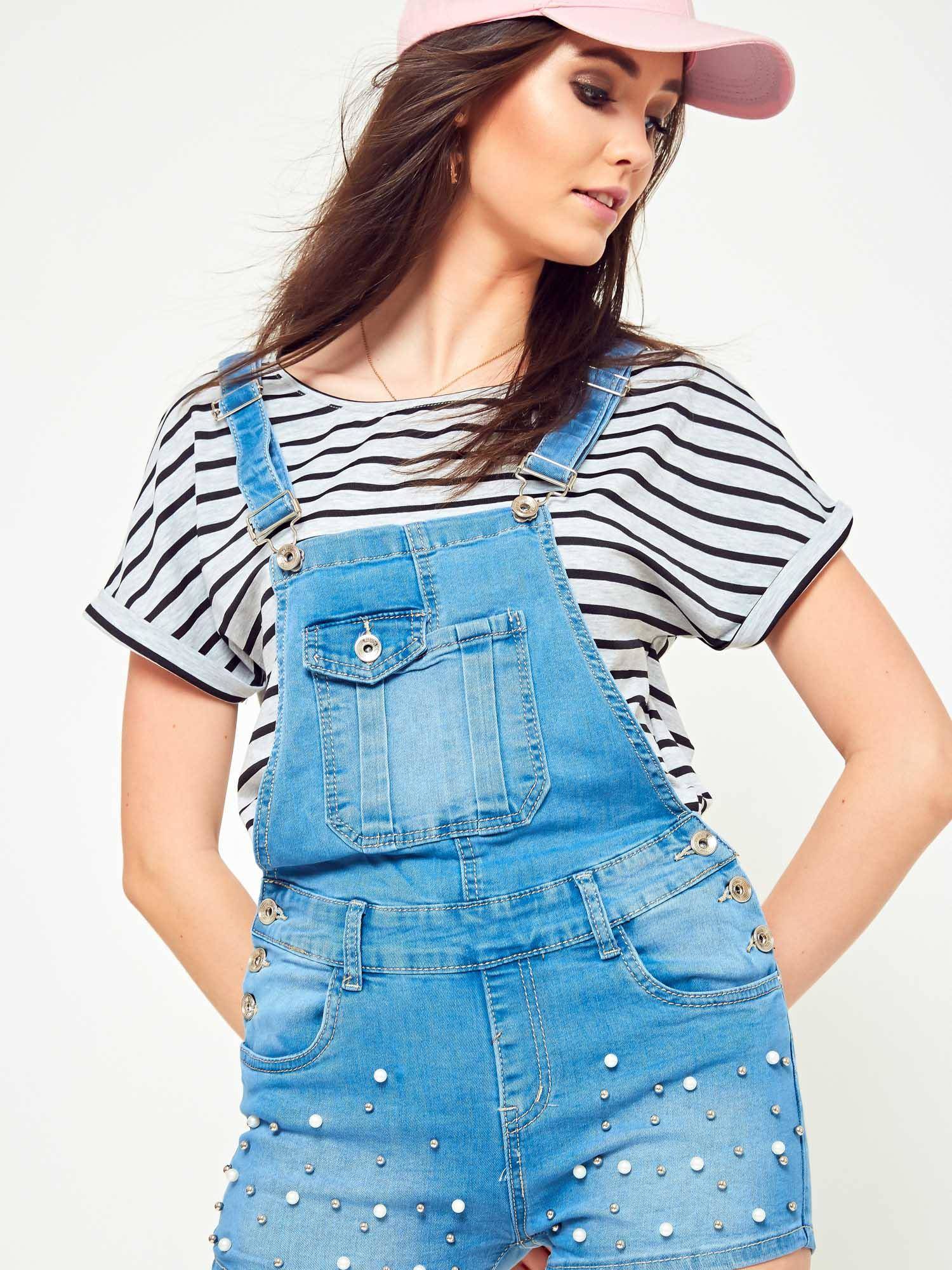 Denim dungarees shorts with blue pearls