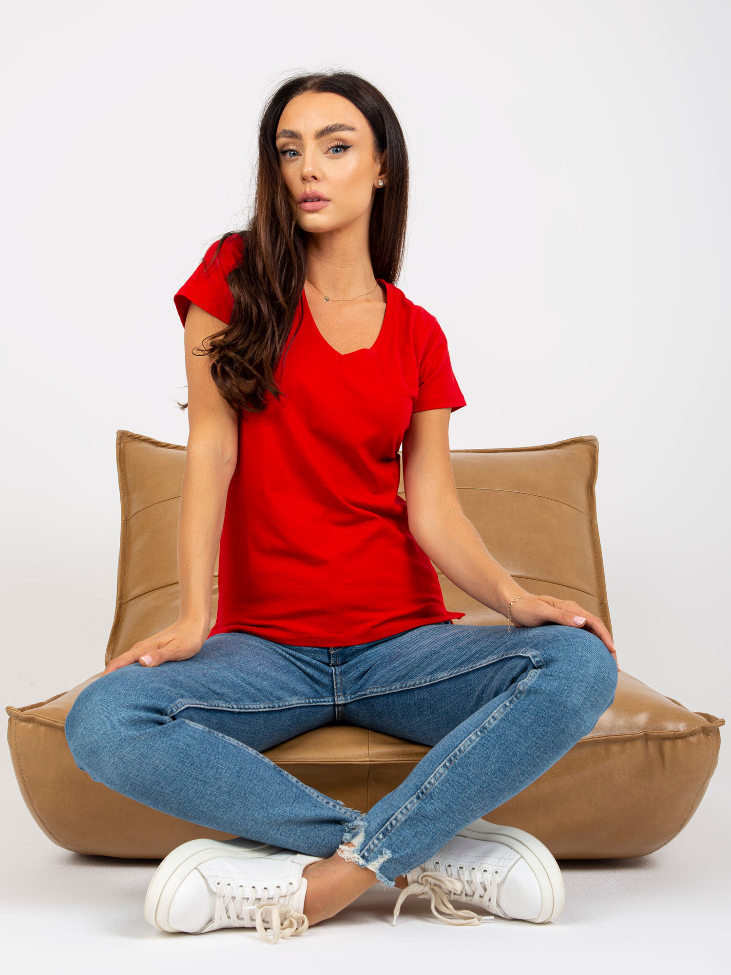 Red Cotton V-neck T-shirt