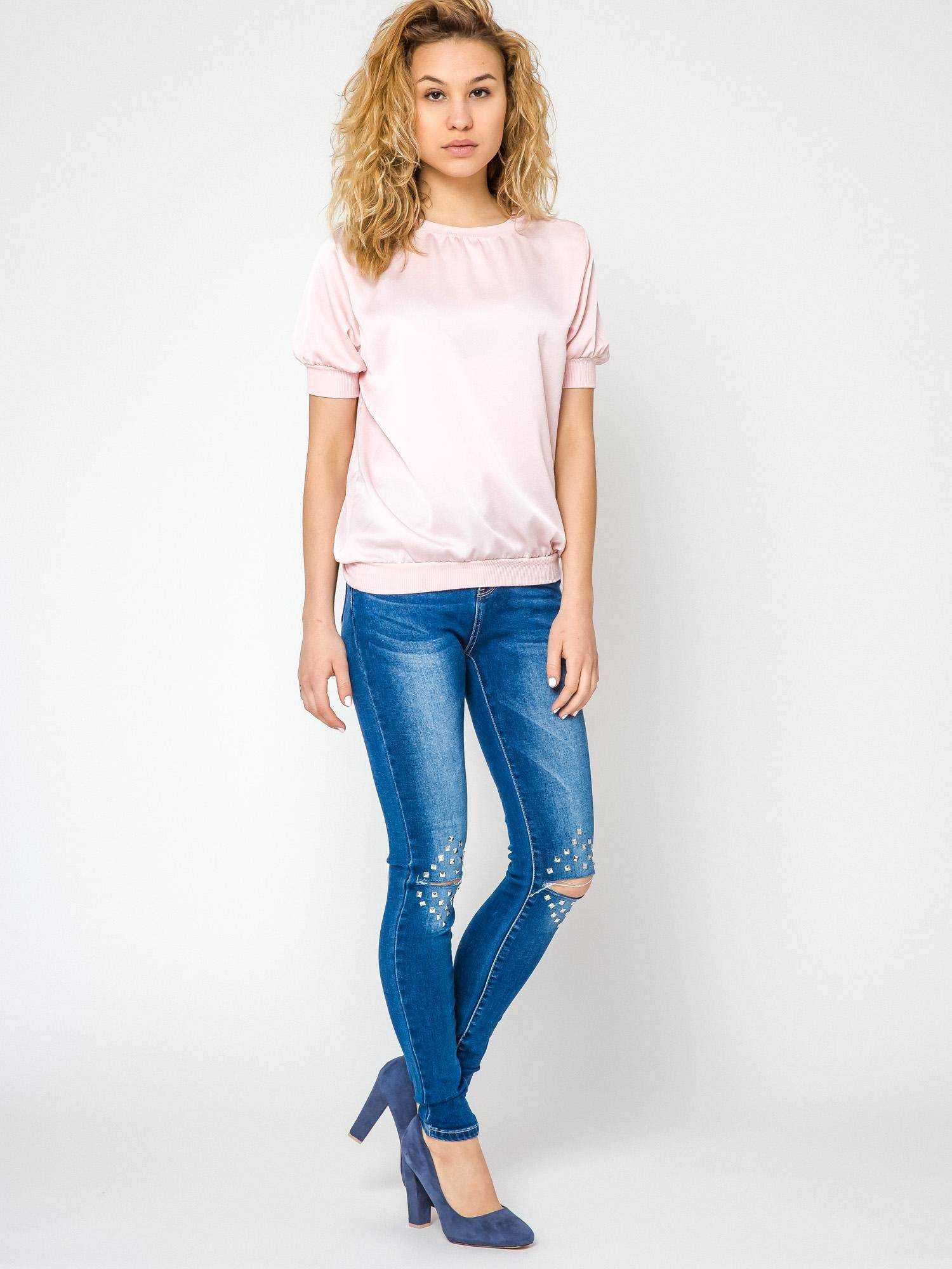 Jeans decorated with cuts and rhinestones on the knees navy blue