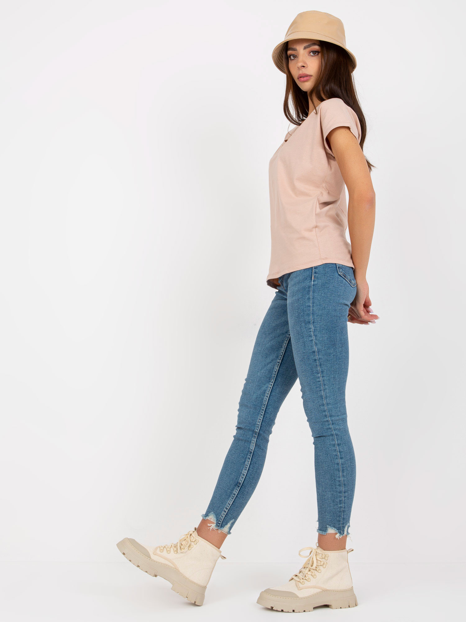 Beige cotton V-neck t-shirt BASIC