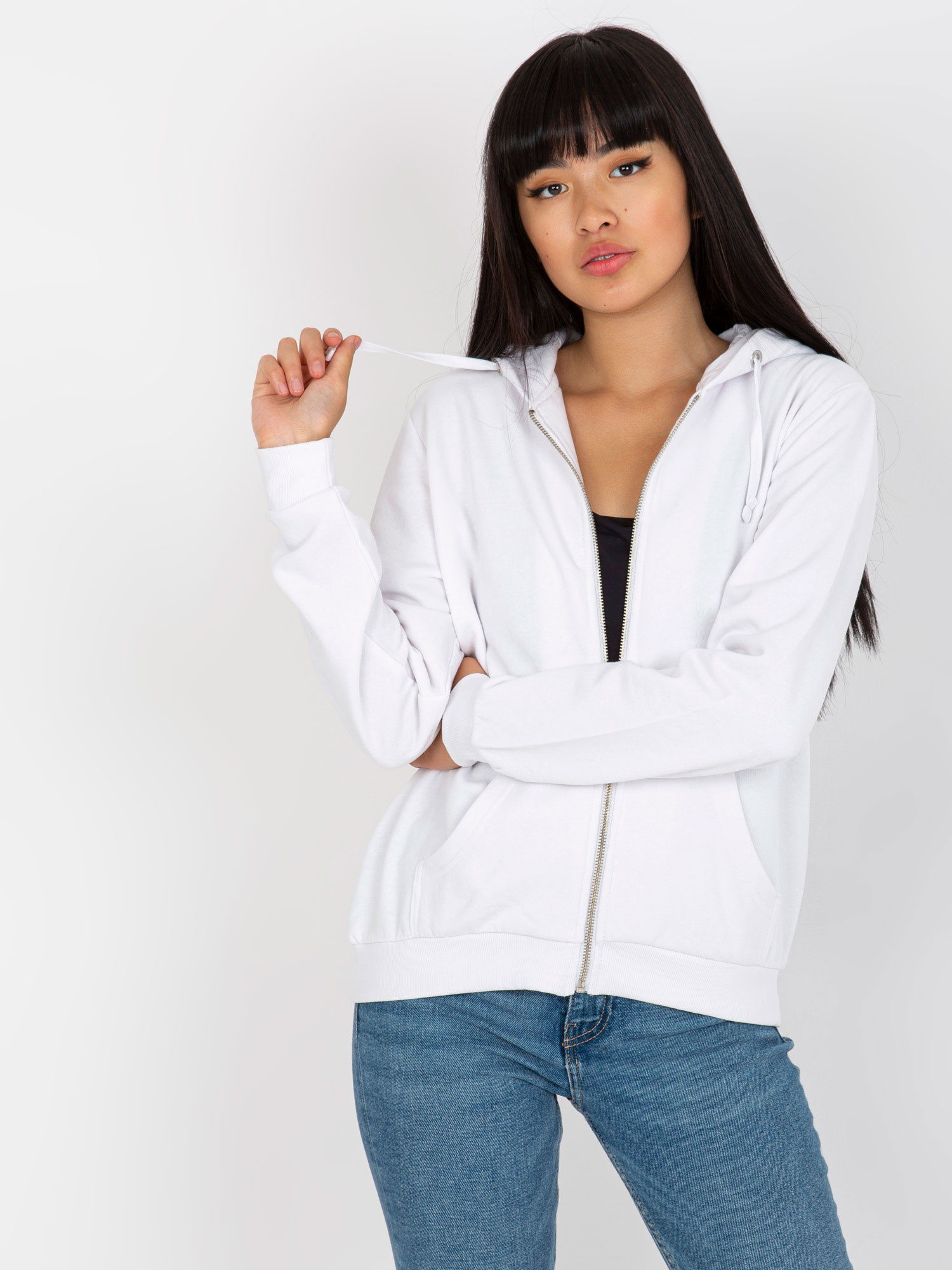White zip-up hoodie with pockets