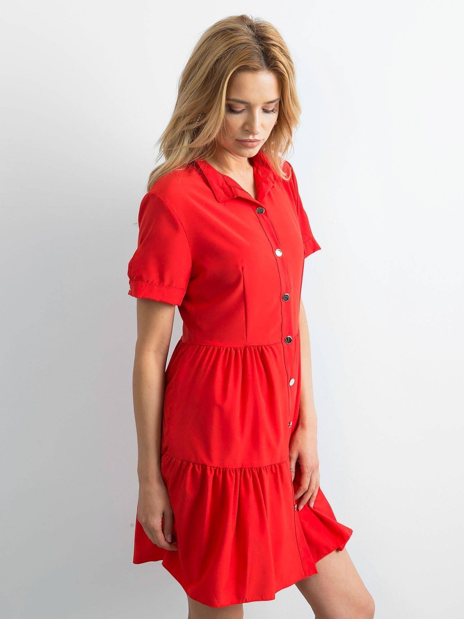 Dress With Stand-up Collar With Flounces Red