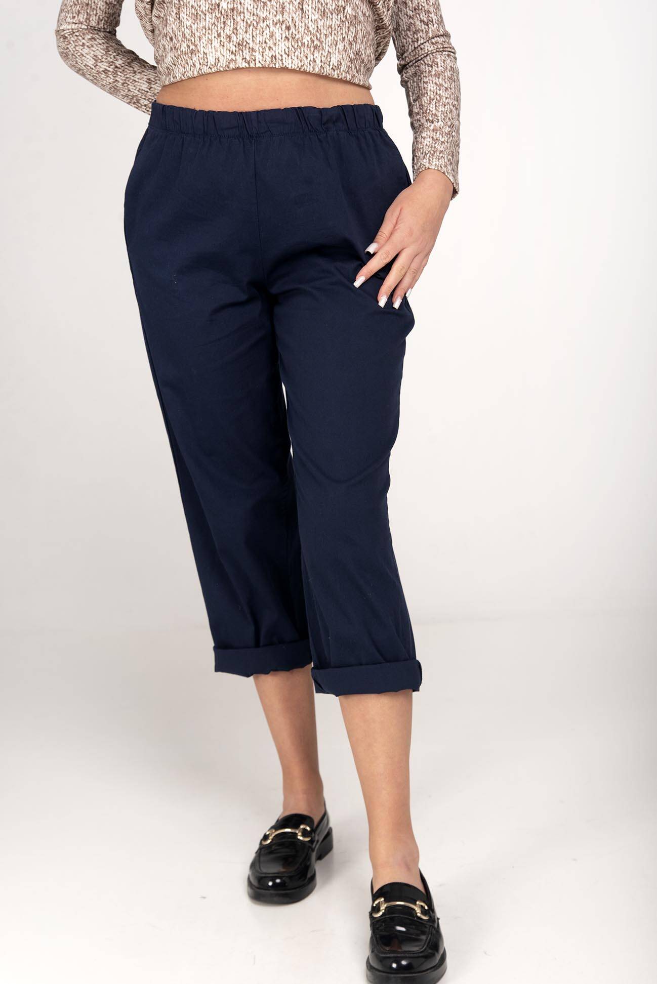 Navy Blue Cotton Trousers With Elastic Band