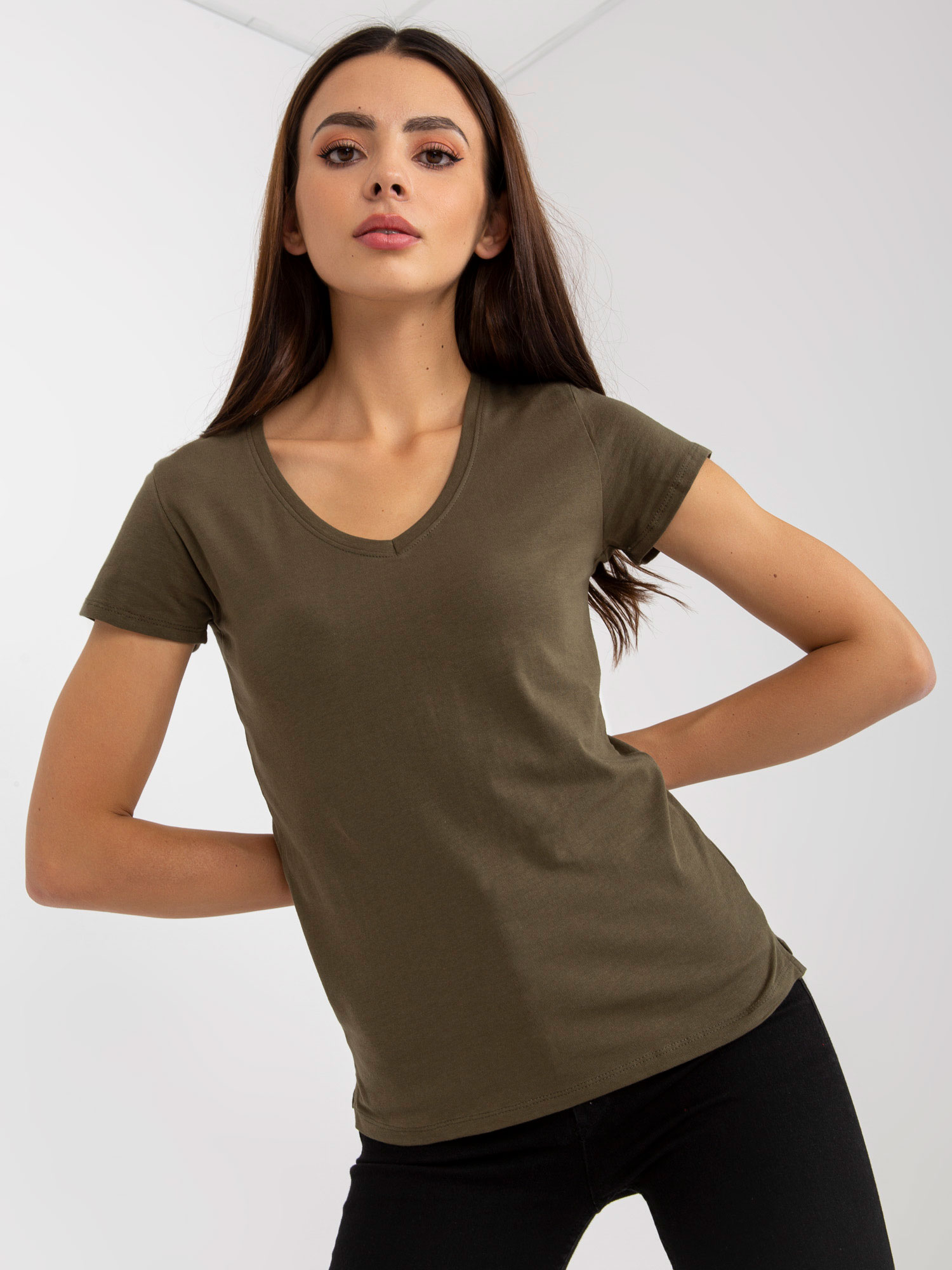 Khaki Cotton V-neck T-shirt