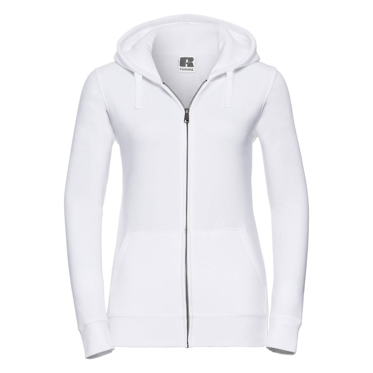 Levně White women's sweatshirt with hood and zipper Authentic Russell