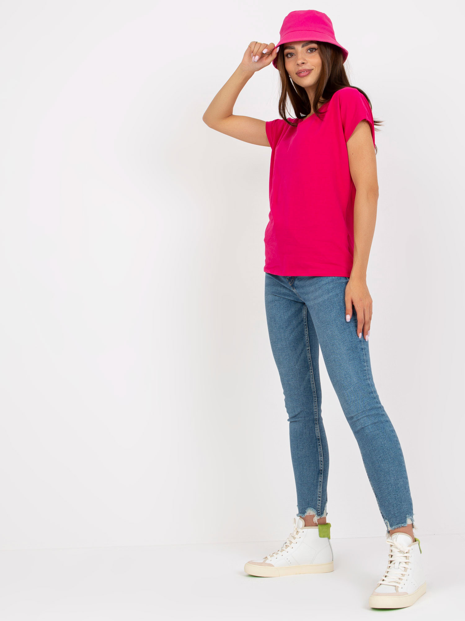Fuchsia cotton V-neck t-shirt BASIC