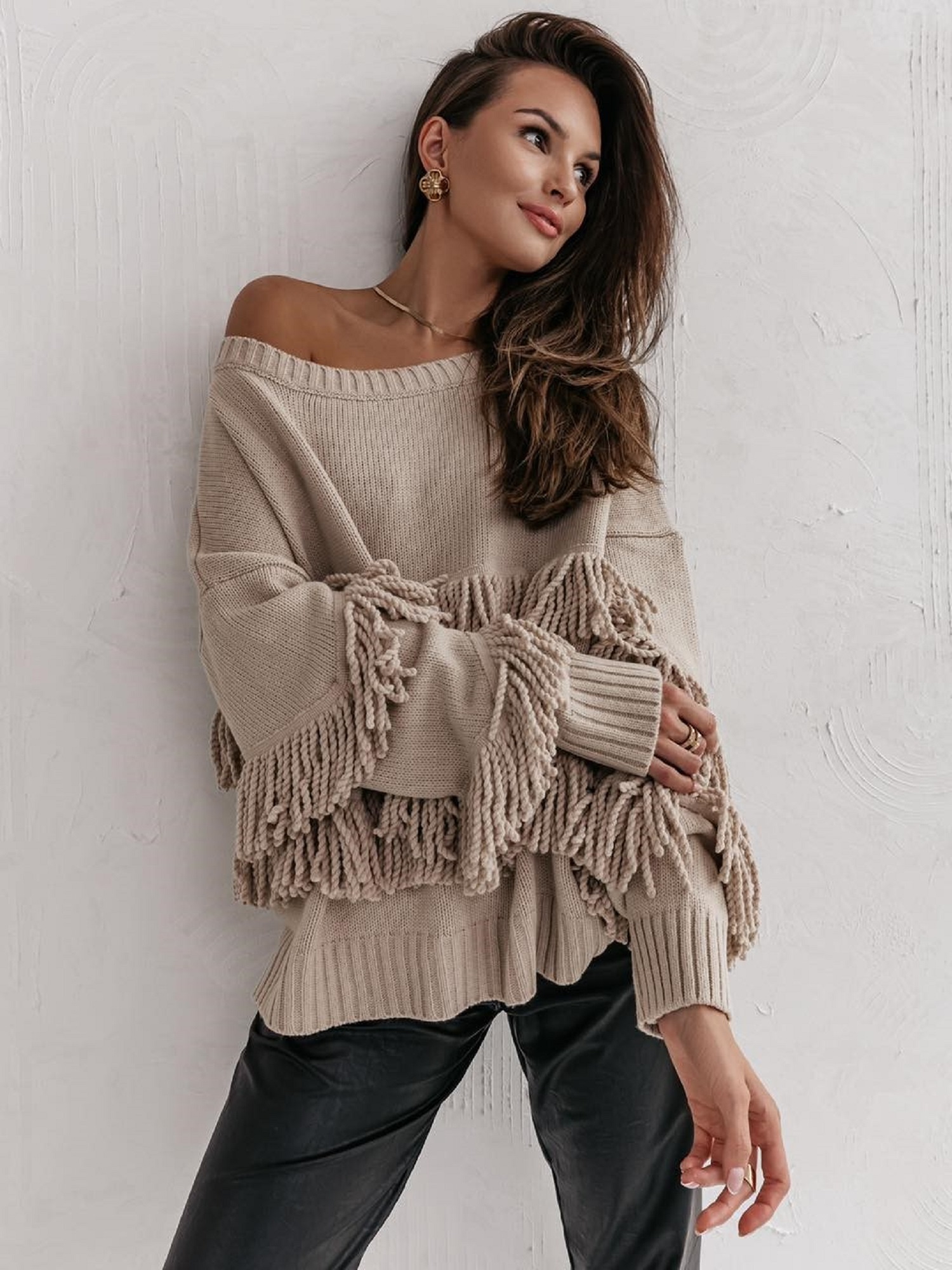 Beige Sweater With Tassels Cocomore