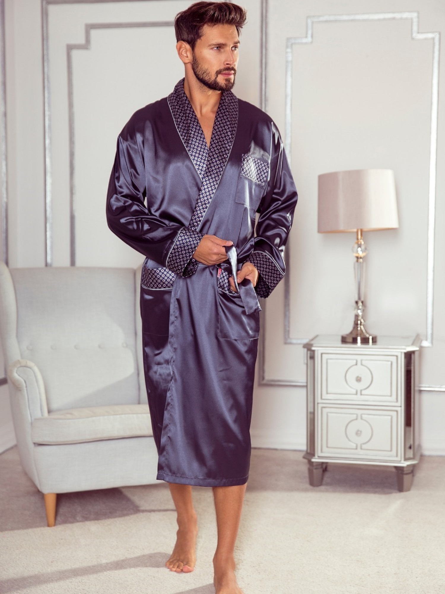 Levně Men's bathrobe De Lafense 940 Satin M-4XL navy blue 042