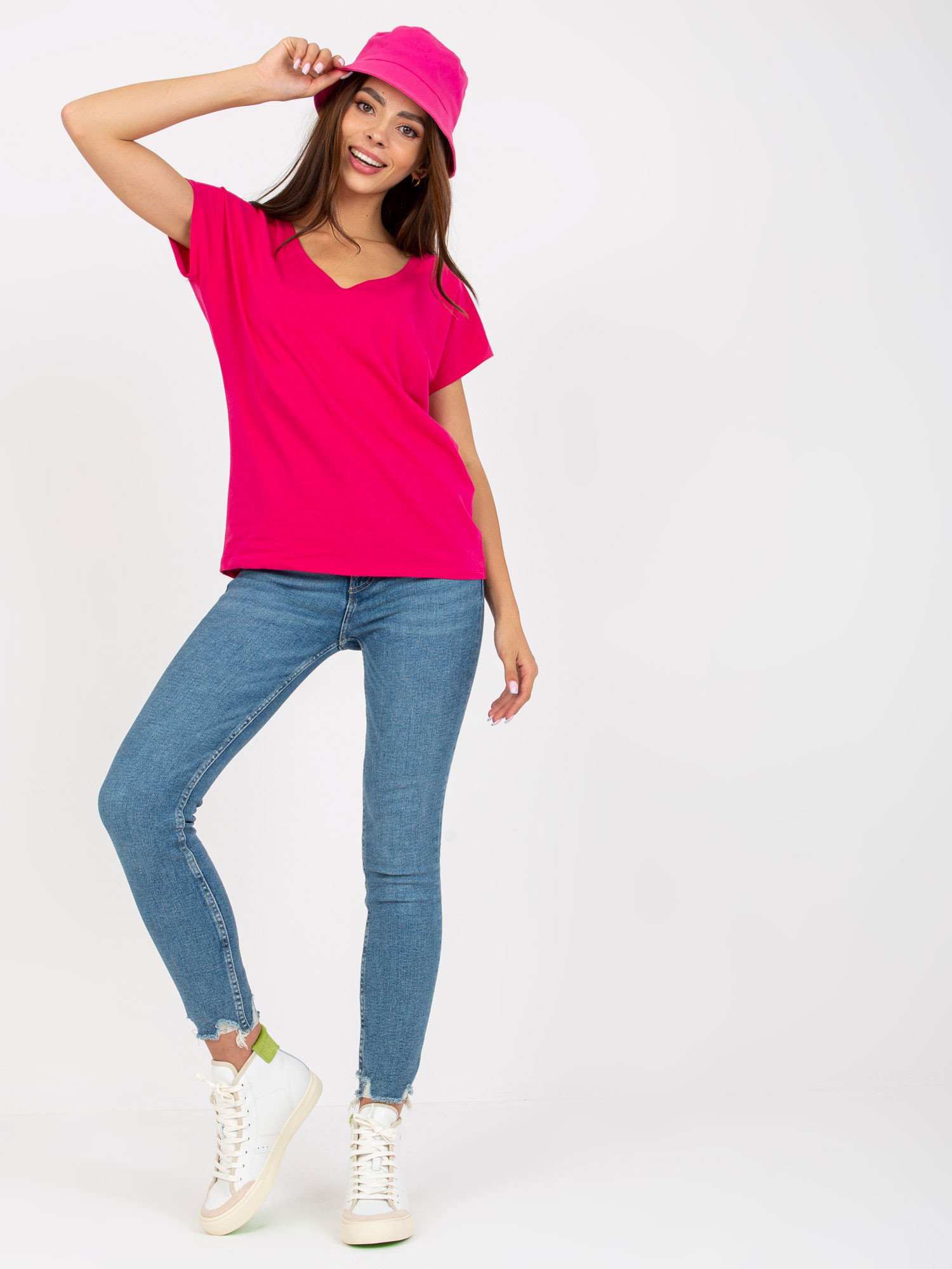 Fuchsia cotton V-neck t-shirt BASIC