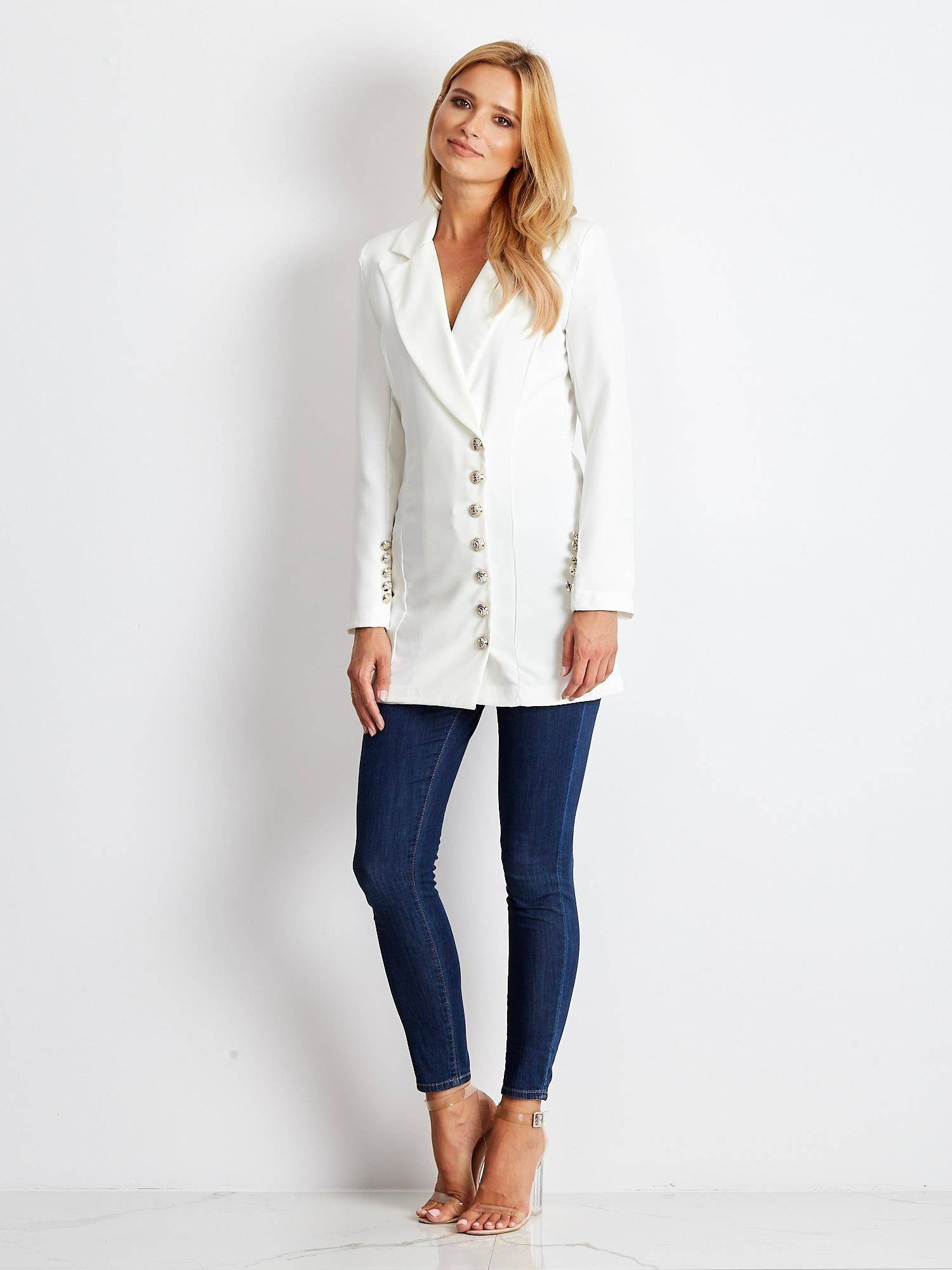 Long jacket decorated with gold ecru buttons