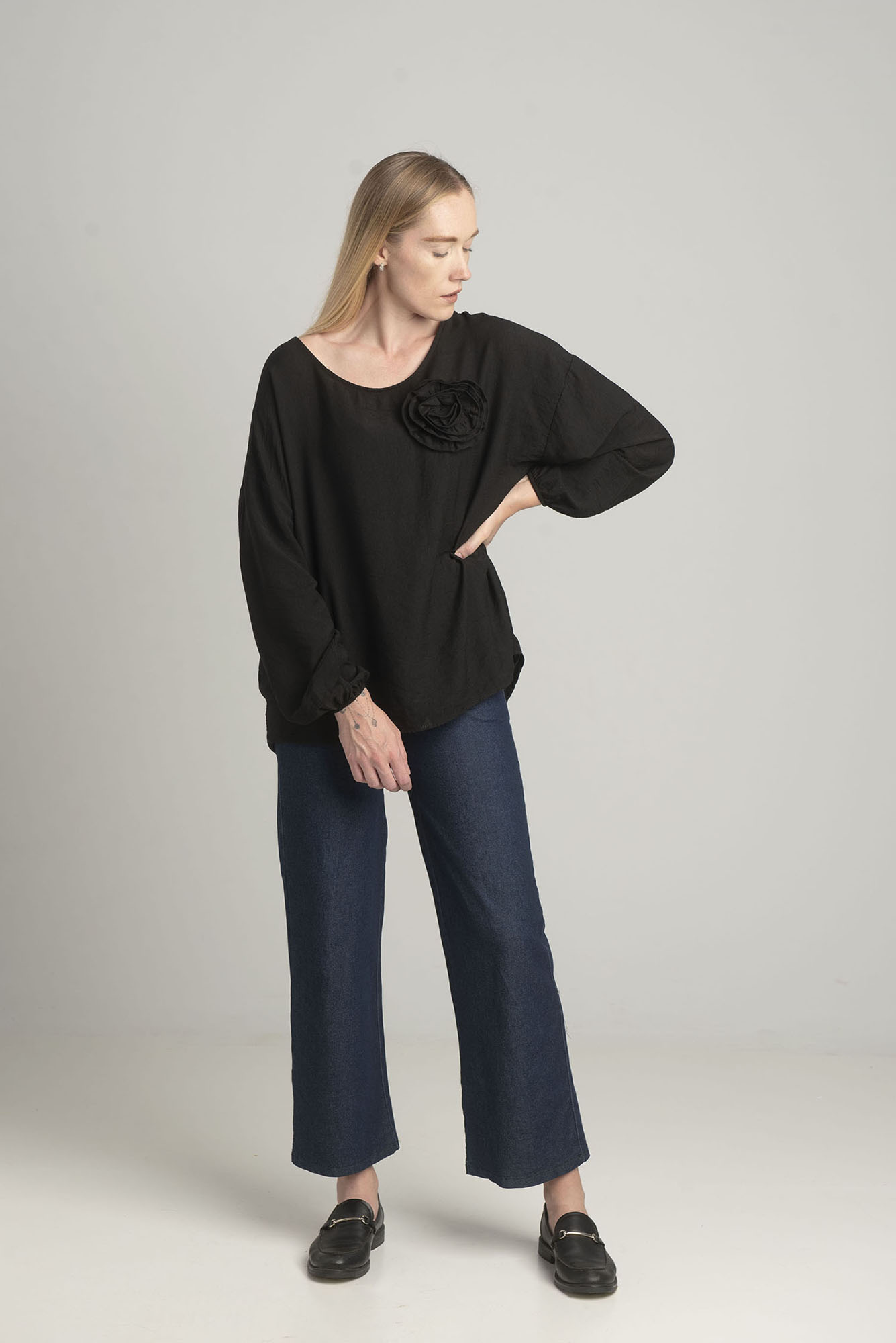 Black Oversize Blouse With A Decorative Flower