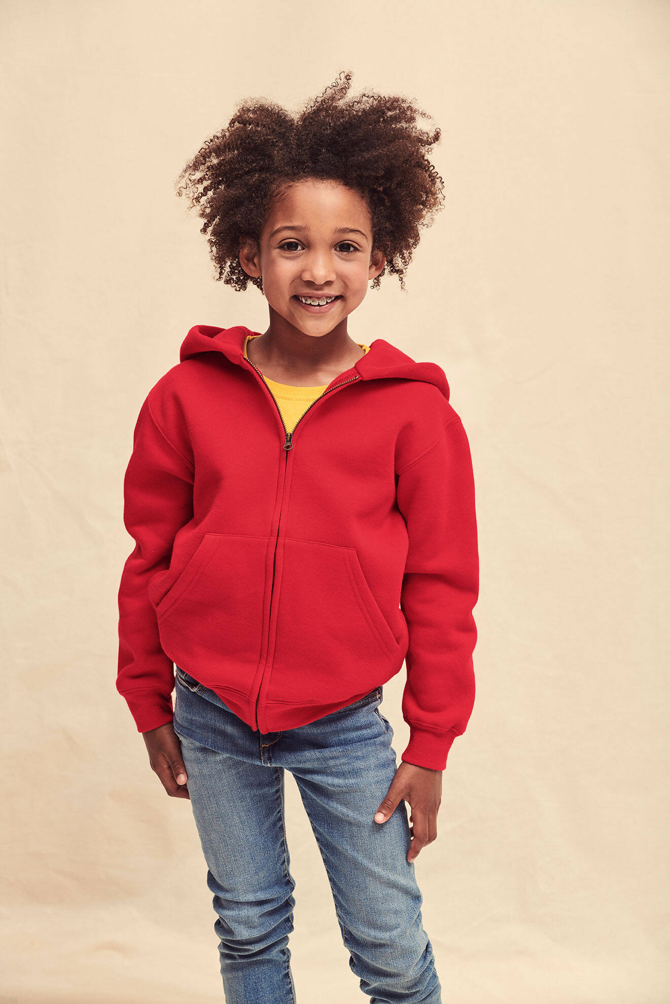 Red Kids Hoodie Zip Through Hooded Sweat Fruit of the Loom