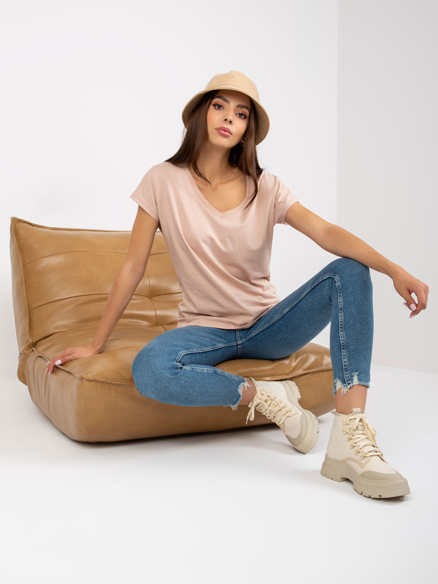 Beige Cotton V-neck T-shirt BASIC