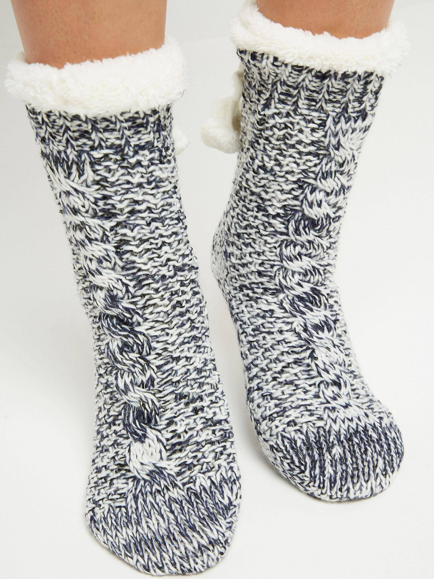 Socks decorated with braid stitch and sequins navy blue
