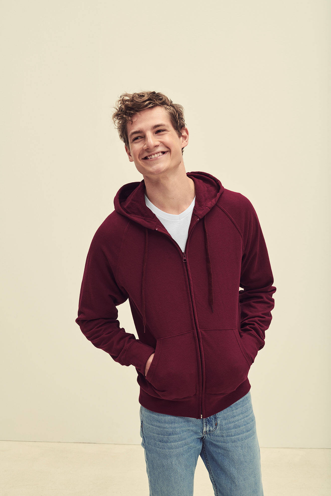 Burgundy Men&#039;s Hoodie Lightweight Zip Thru Hooded Sweat Fruit of the Loom