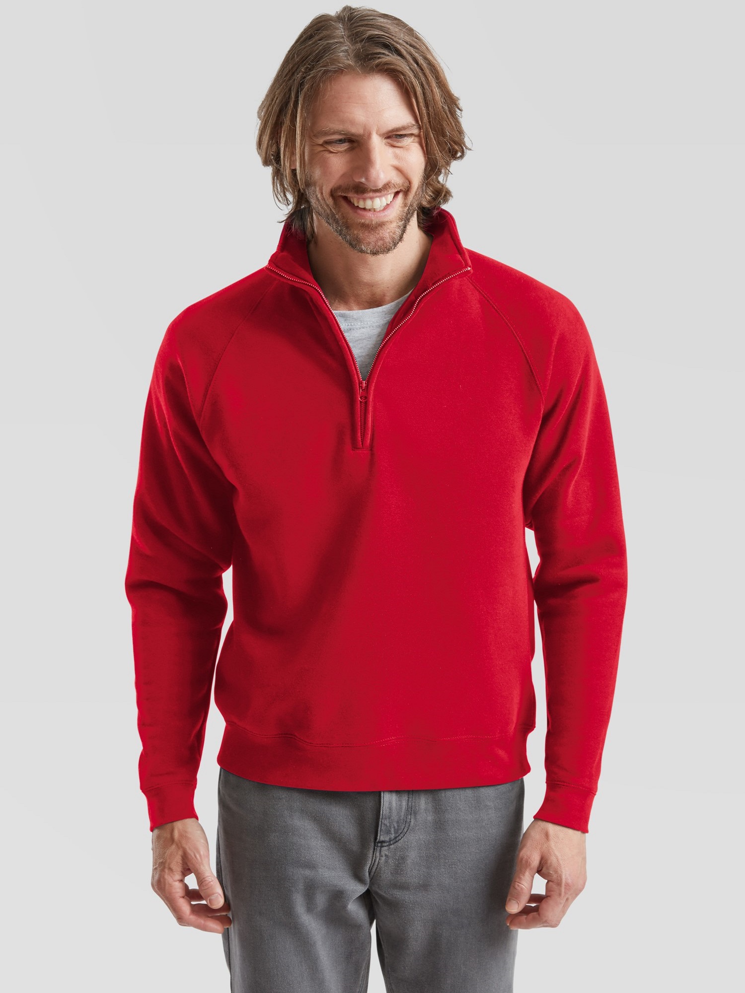 Red Mens Zip Neck Sweat Fruit of the Loom