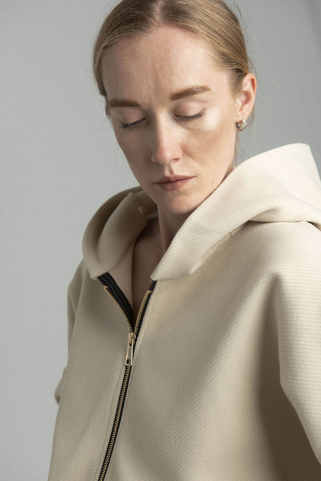 Beige transitional light jacket with hood