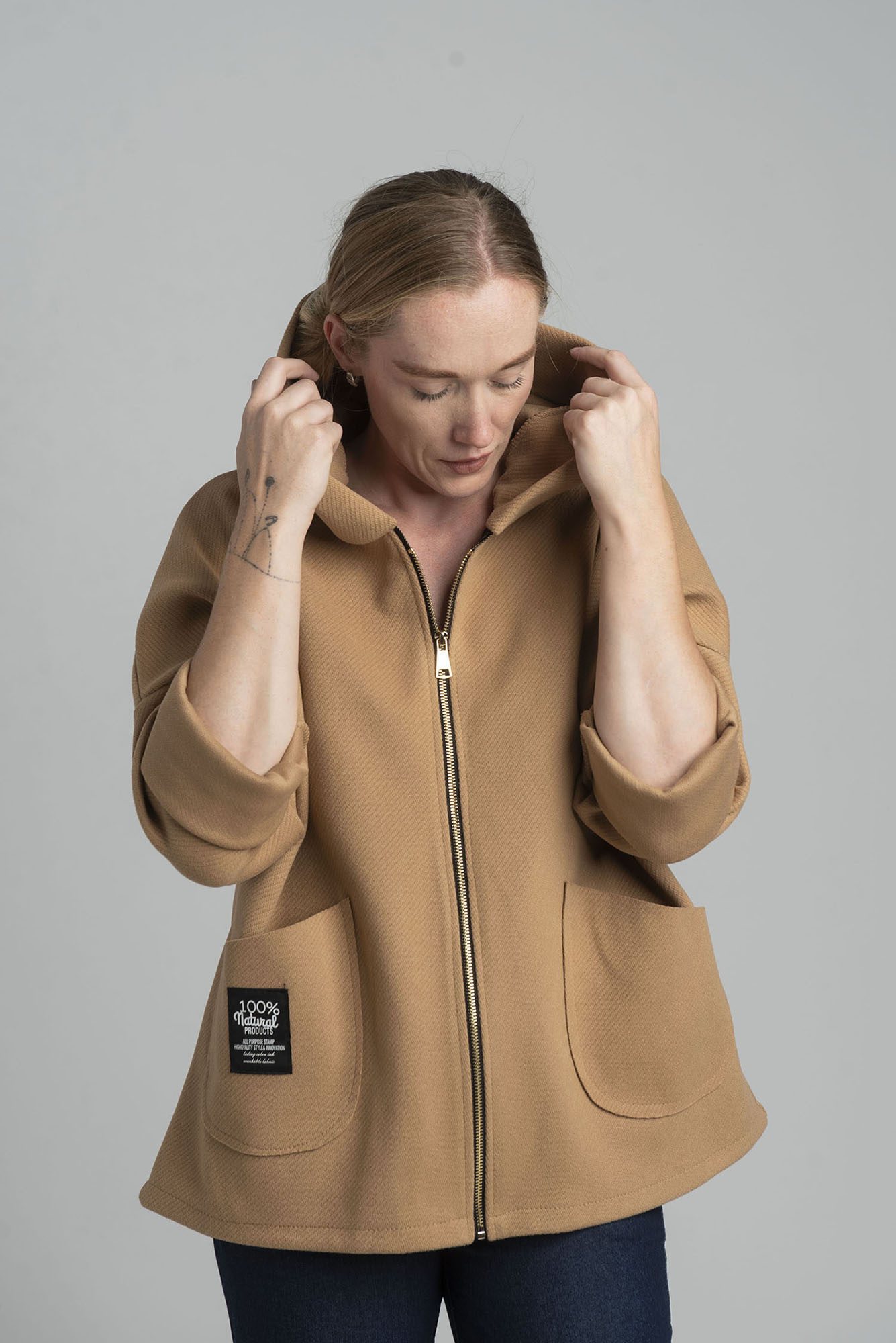 Camel transitional light jacket with hood