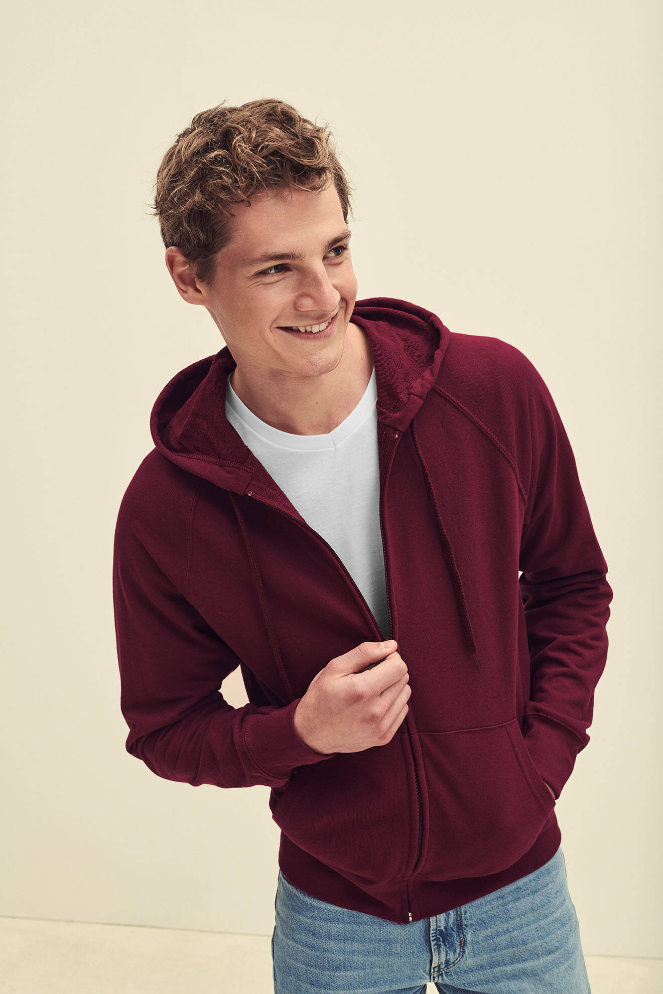 Burgundy Men&#039;s Hoodie Lightweight Zip Thru Hooded Sweat Fruit of the Loom