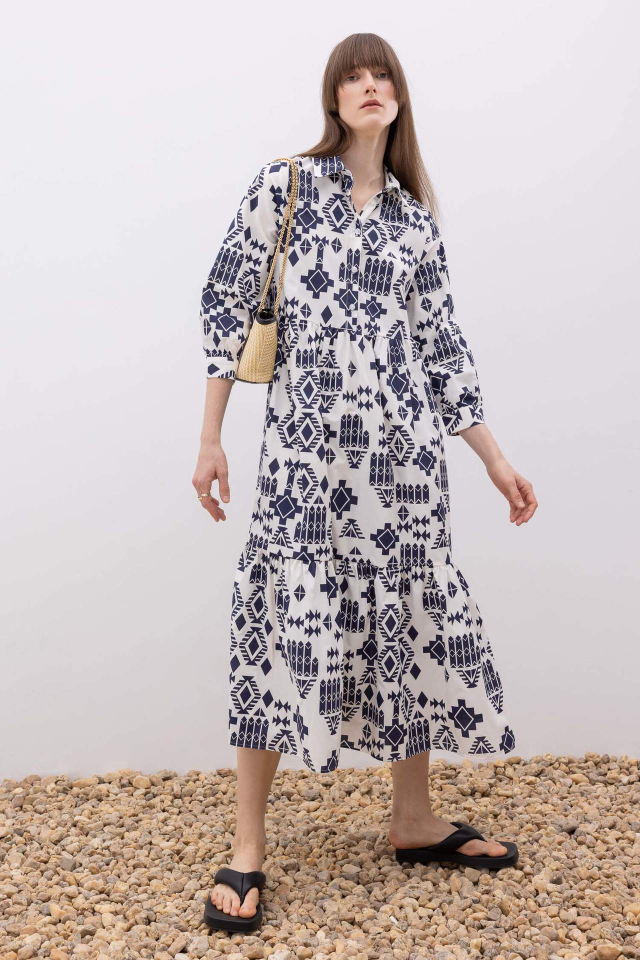 DEFACTO Shirt Guler Terry Cotton Maxi Short Sleeve Dress