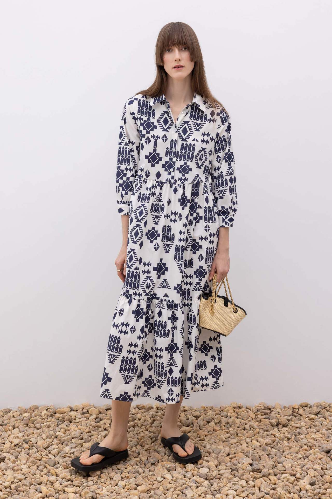 DEFACTO Shirt Guler Terry Cotton Maxi Short Sleeve Dress