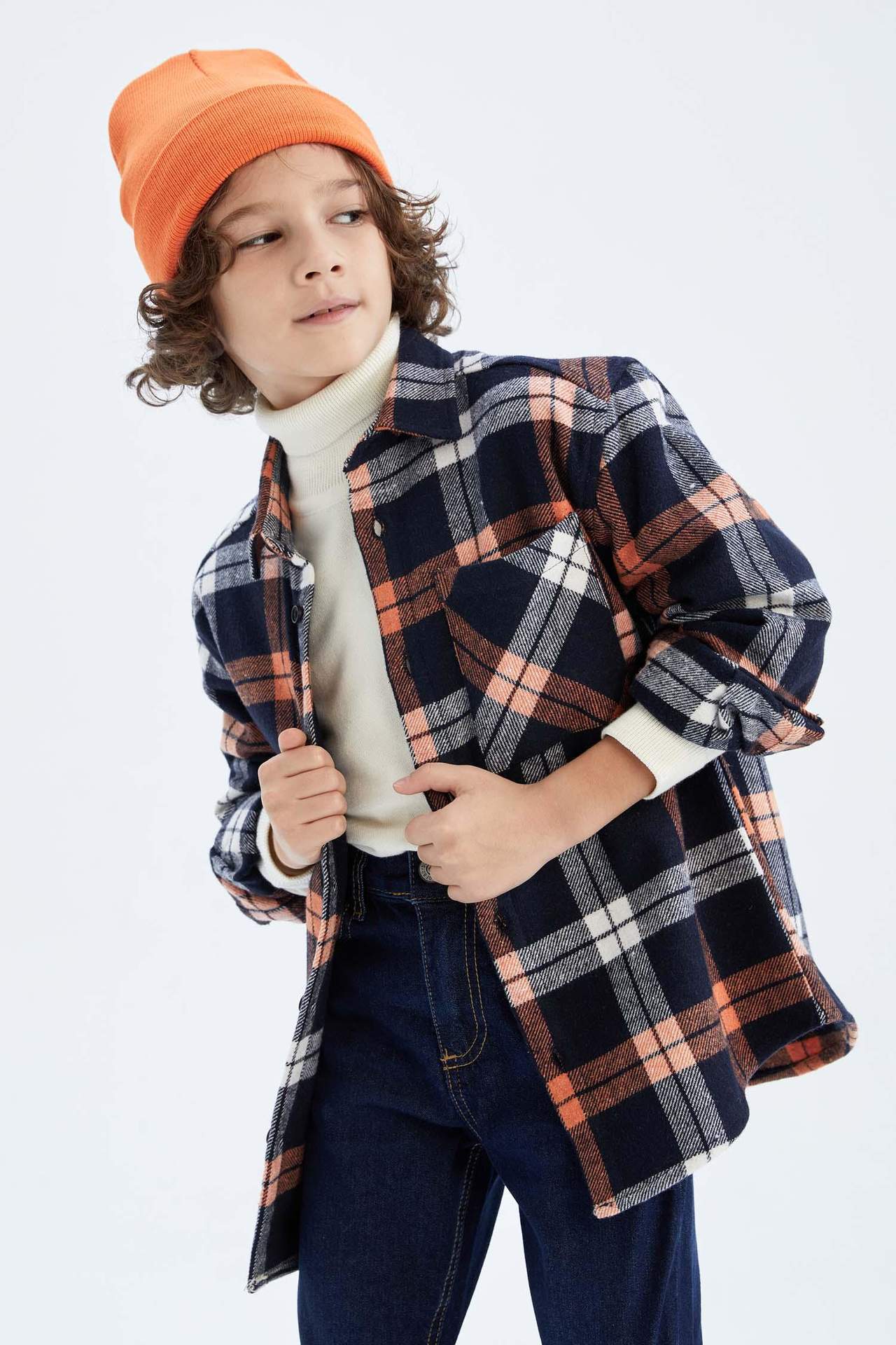 Levně DEFACTO Boy Oversize Fit Polo Neck Flannel Long Sleeve Shirt