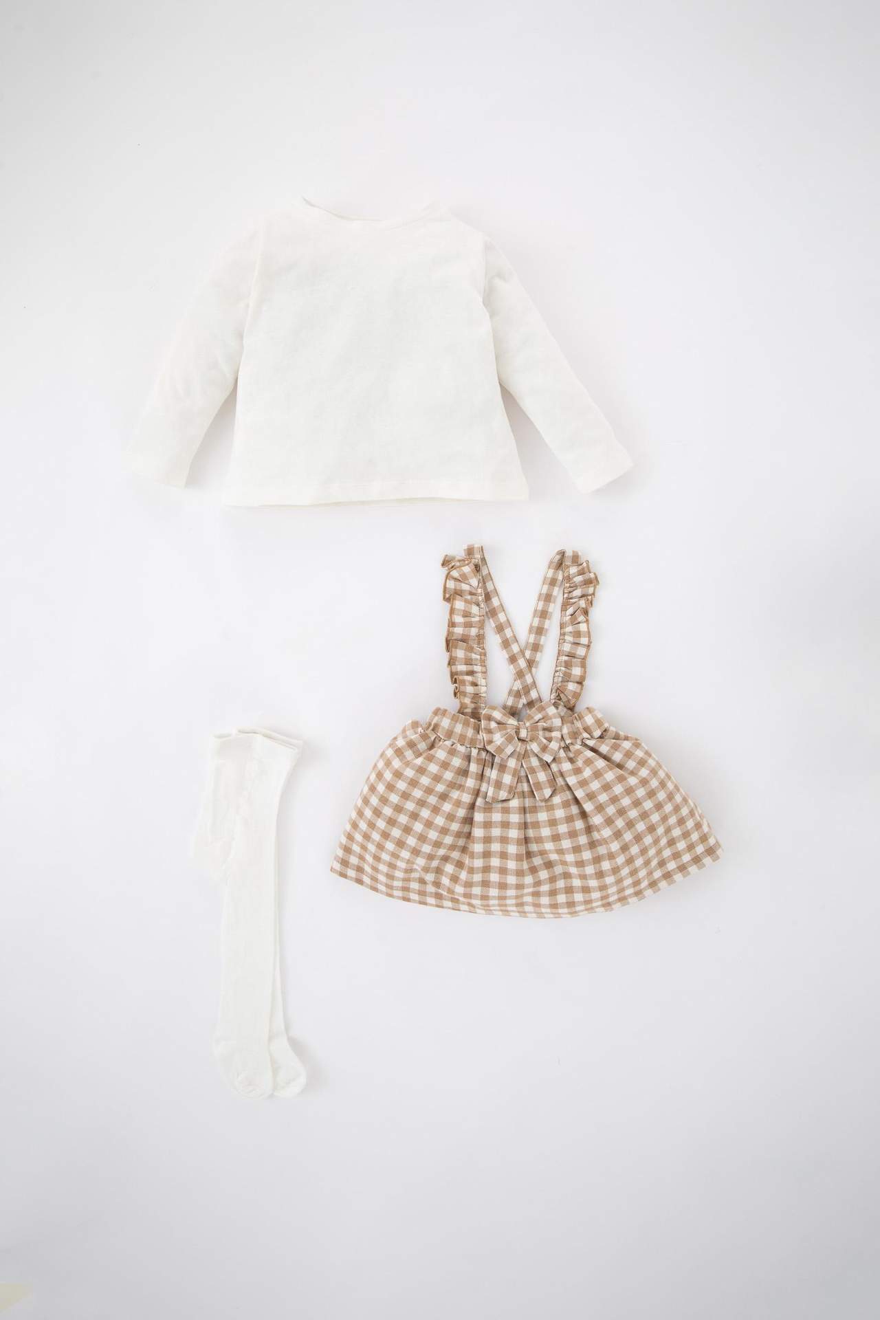 Levně DEFACTO Baby Girl Long Sleeve Combed Cotton T-Shirt Check Dress Sock Set