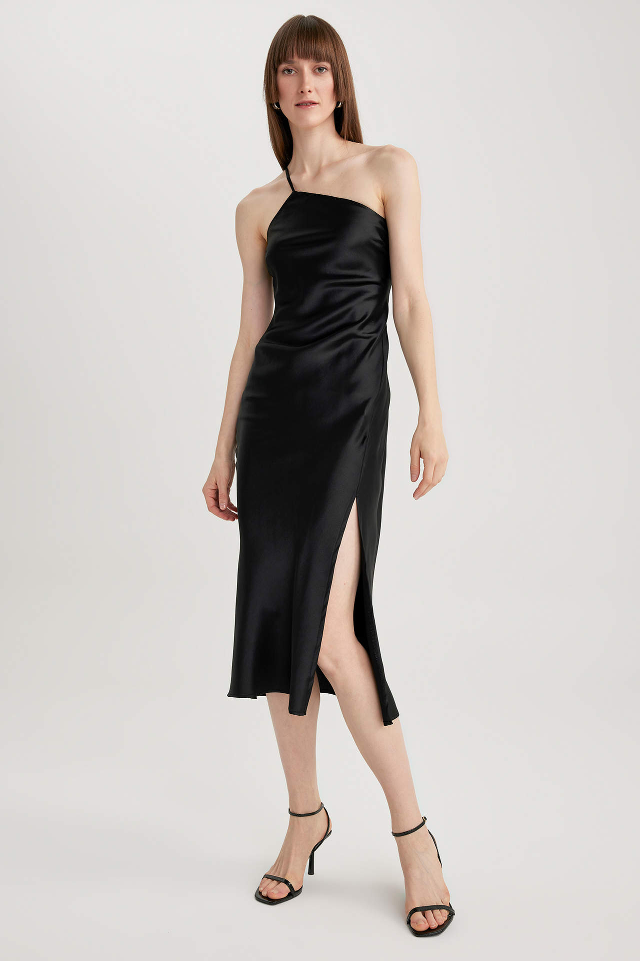 DEFACTO One-Shoulder Satin Slit Midi Dress