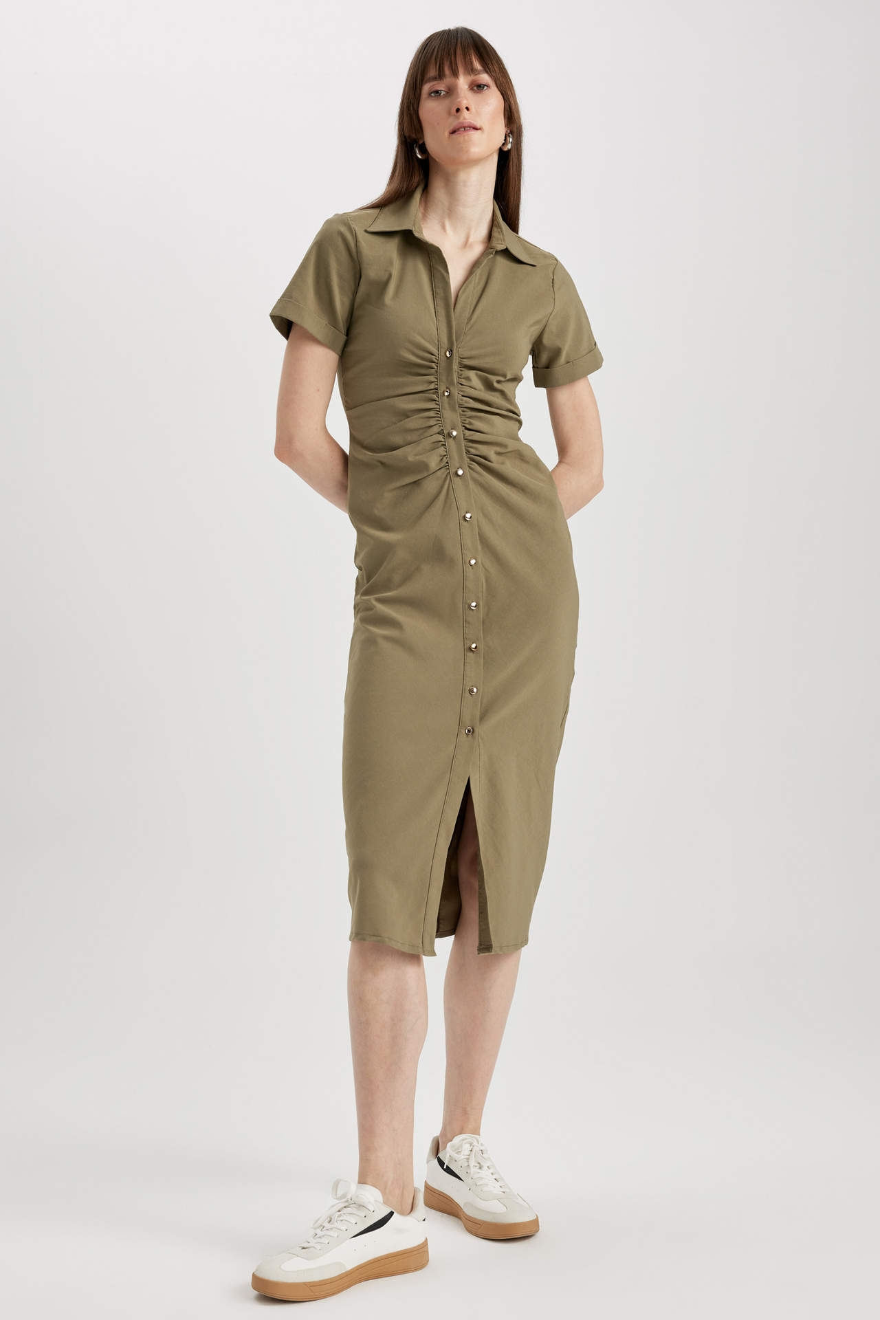 DEFACTO Shirt Collar Midi Short Sleeve Dress
