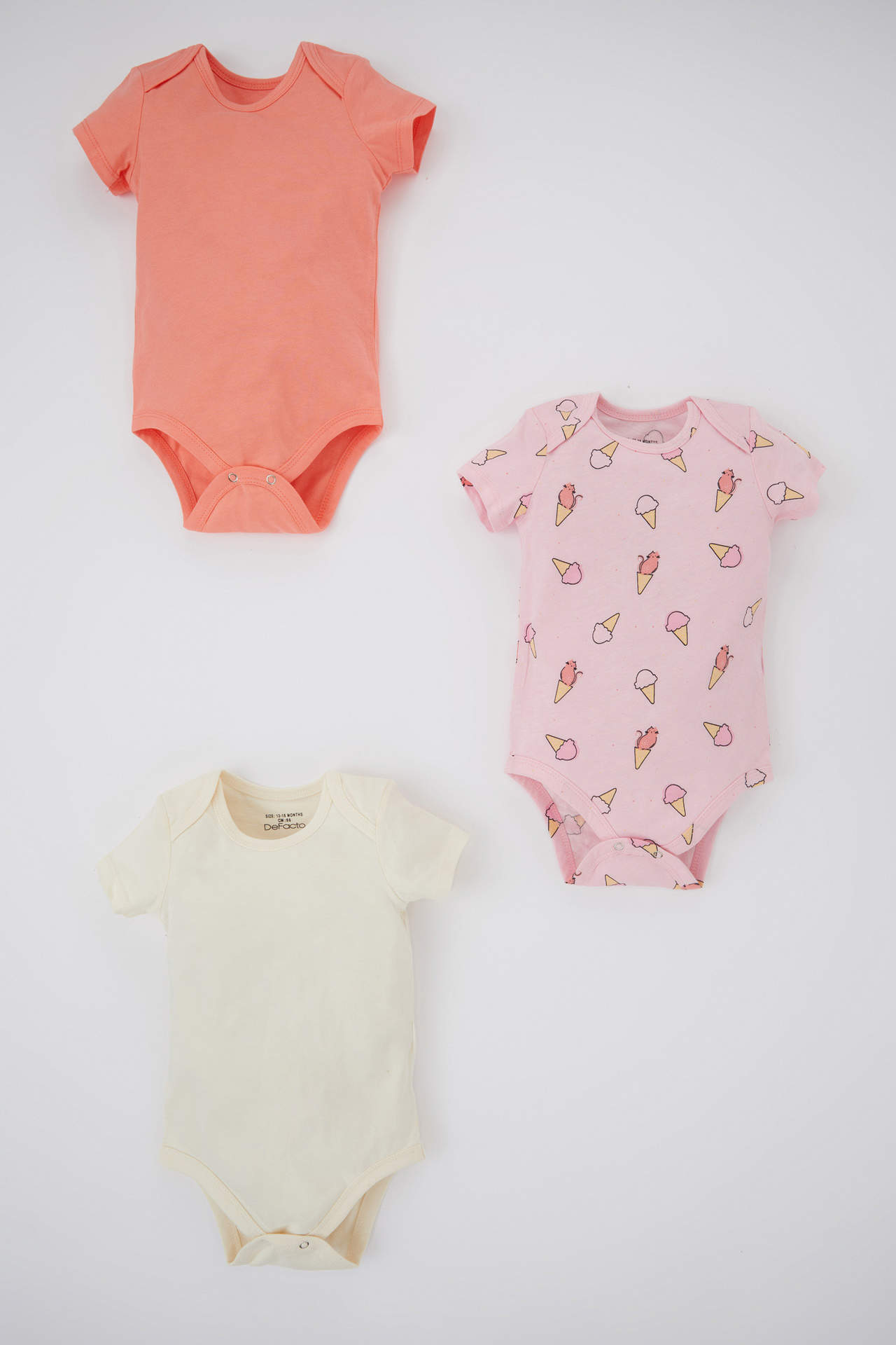 DEFACTO Baby Girl Envelope Collar Fun Printed Combed Cotton 3 Piece Bodysuit