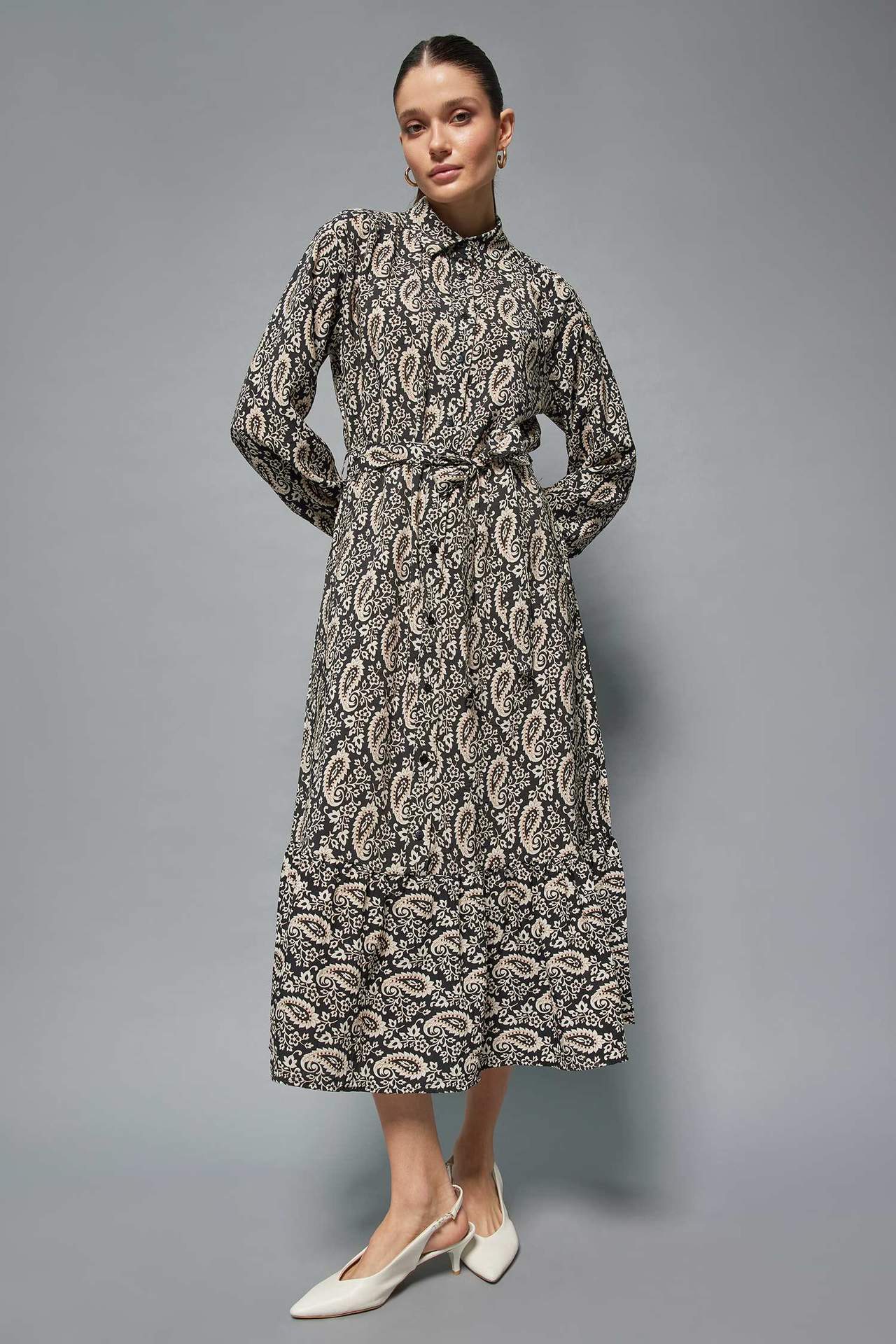 Levně DEFACTO Košilový límec Ayrobin Maxi šaty s dlouhým rukávem