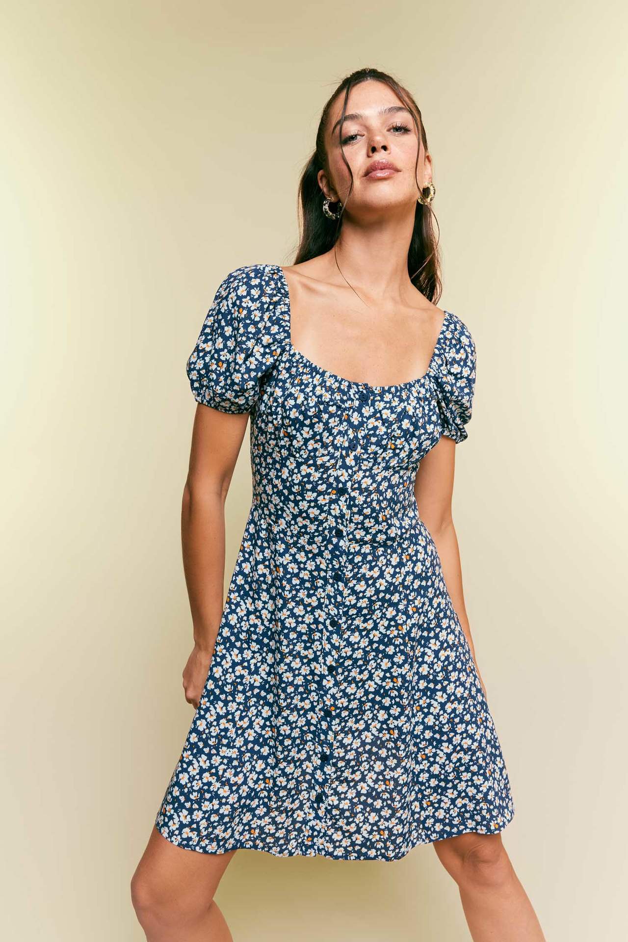 Levně DEFACTO Heart Collar Printed Mini Short Sleeve Woven Dress