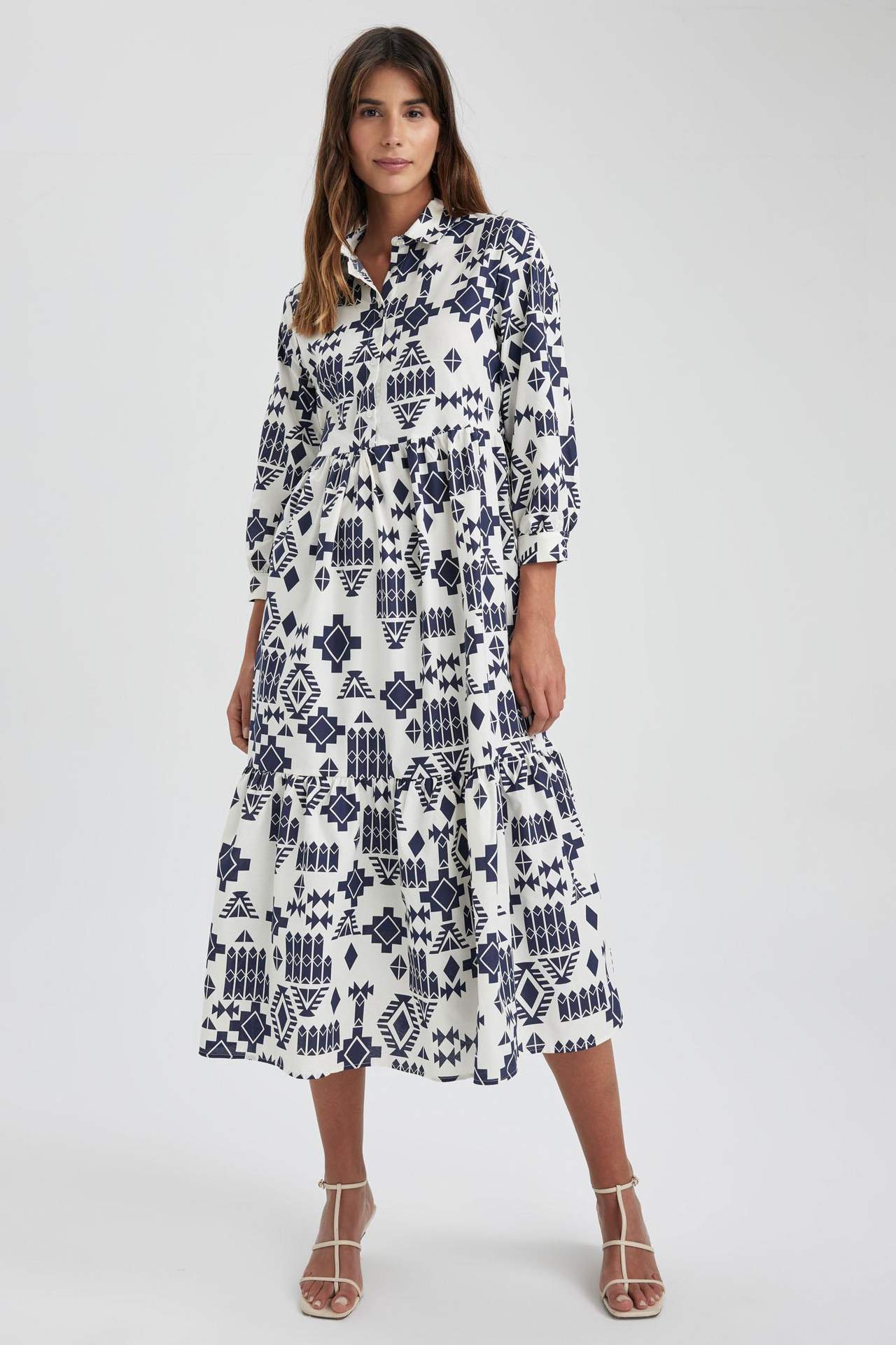 DEFACTO Shirt Guler Terry Cotton Maxi Short Sleeve Dress