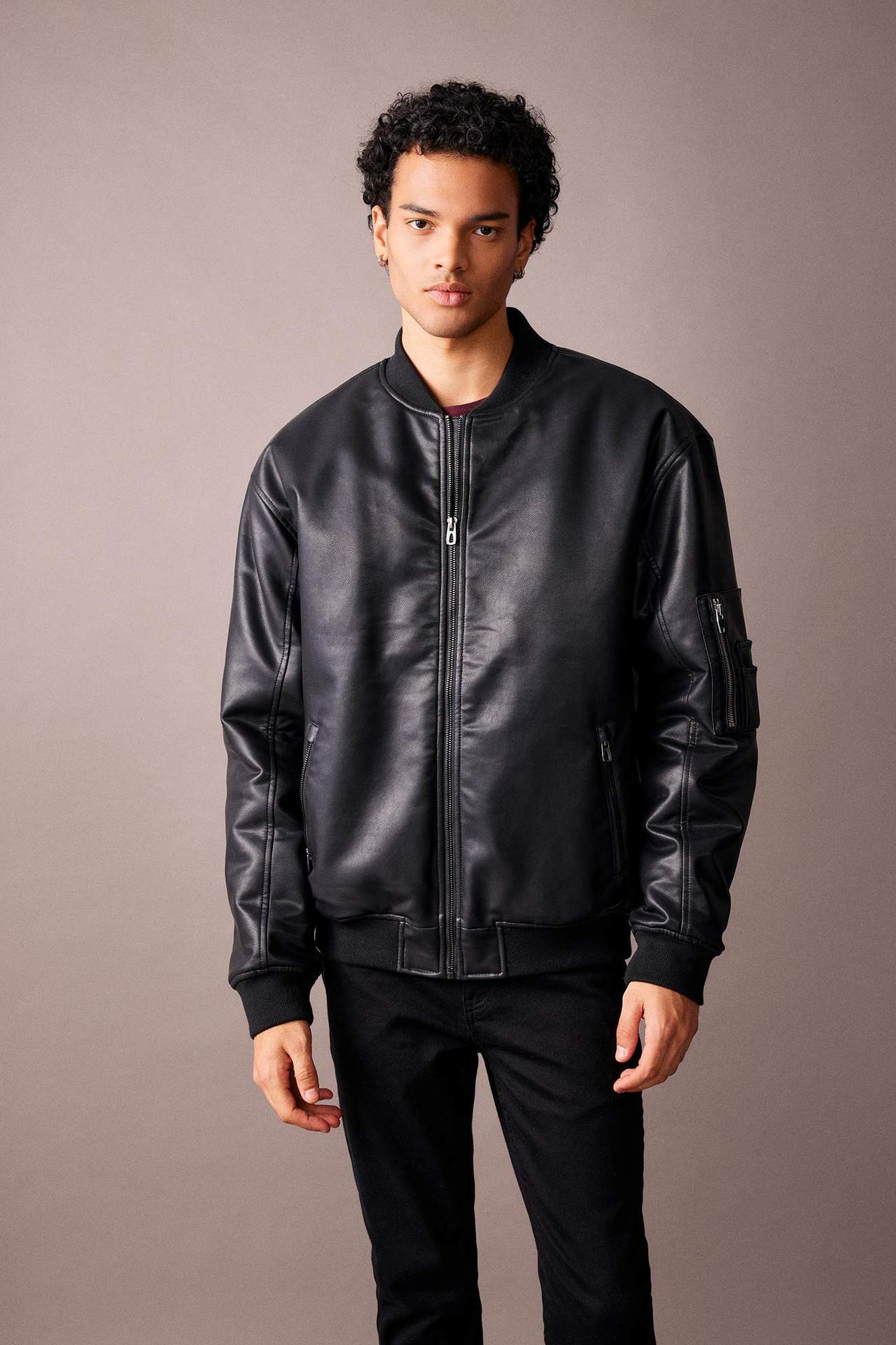 DEFACTO Oversize Fit Faux Leather Bomber Jacket