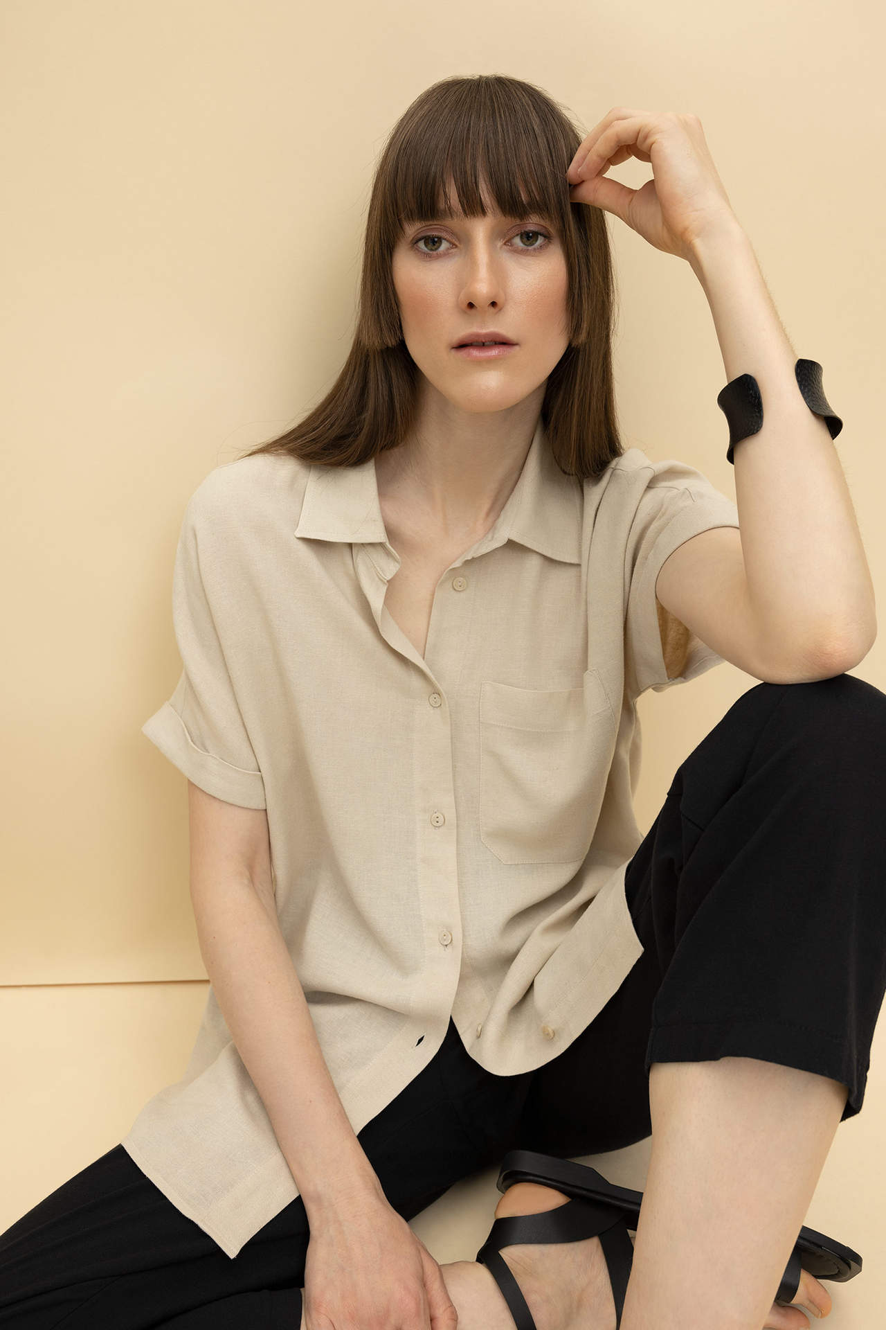 Levně DEFACTO Regular Fit Shirt Collar Linen Blend Short Sleeve Shirt