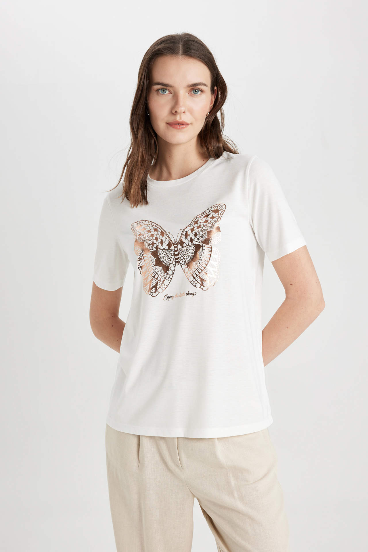 DEFACTO Regular Fit Crew Neck Butterfly Pattern Short Sleeve T-Shirt