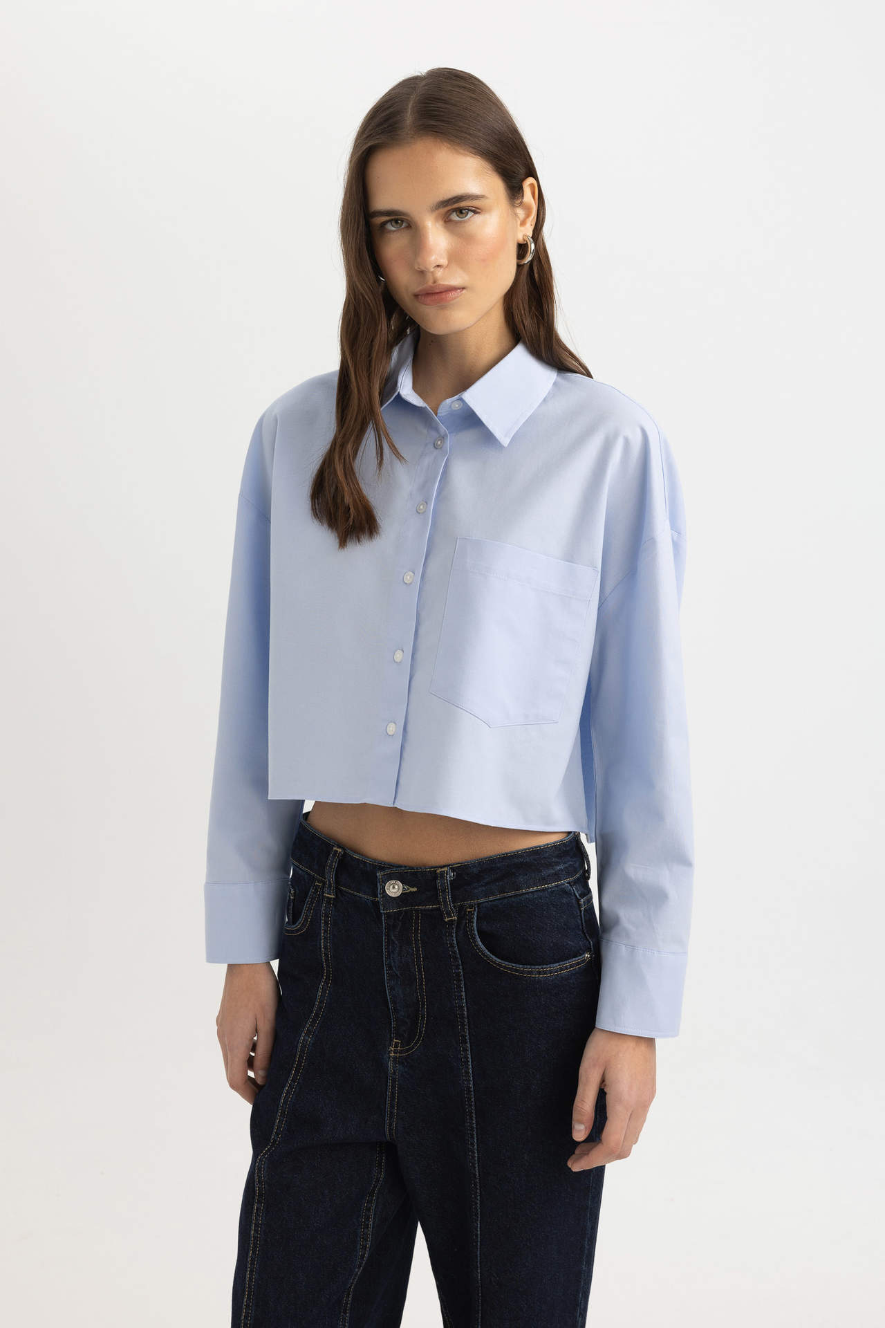 DEFACTO Crop Shirt Collar Oxford Long Sleeve Shirt