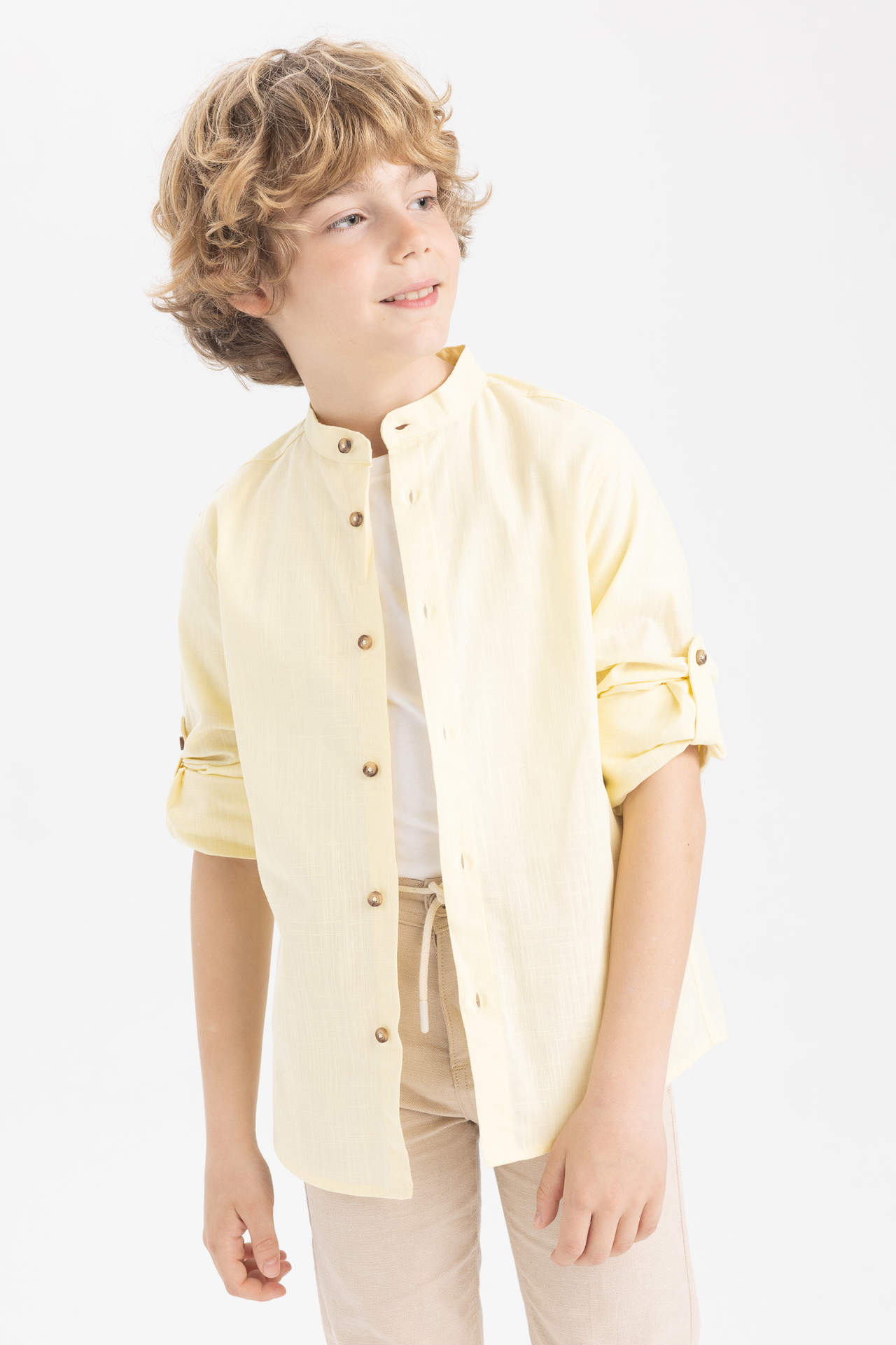 Levně DEFACTO Boy Straight Collar Linen Look Long Sleeve Shirt