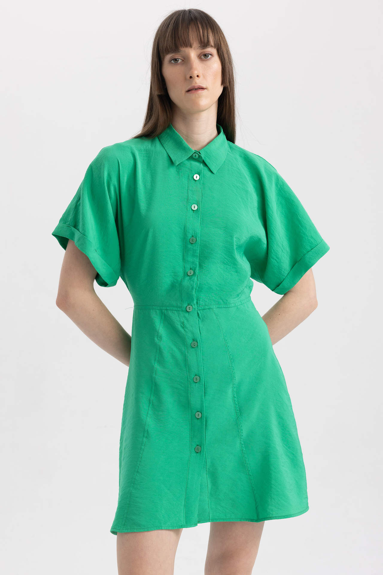 DEFACTO Shirt Collar modal Batwing Mini Short Sleeve Woven Dress - zelená