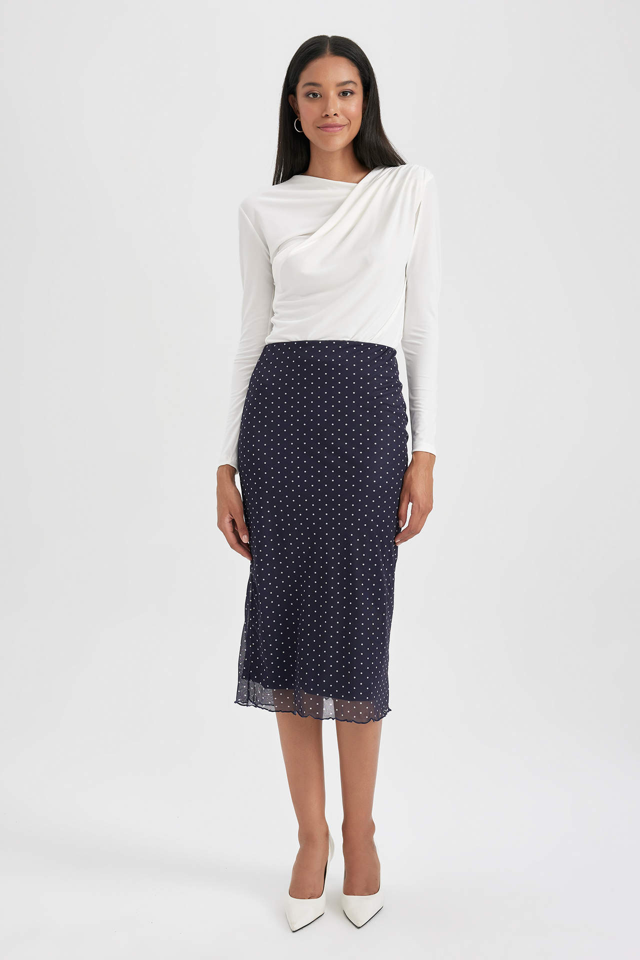DEFACTO Straight Fit Polka Dot Tulle Lined Normal Waist Midi Knitted Skirt
