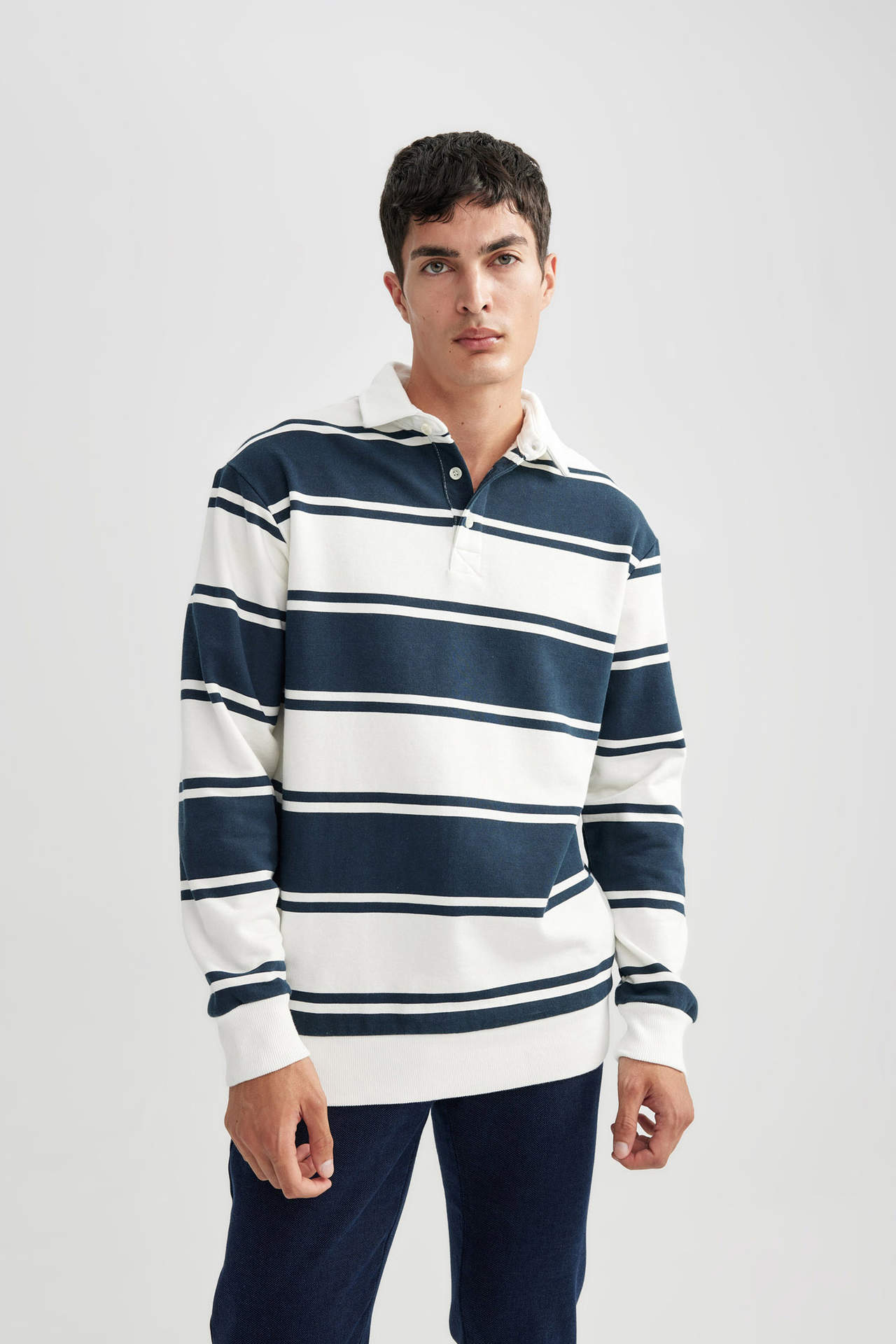 DEFACTO Comfort Fit Polo Neck Striped Sweatshirt