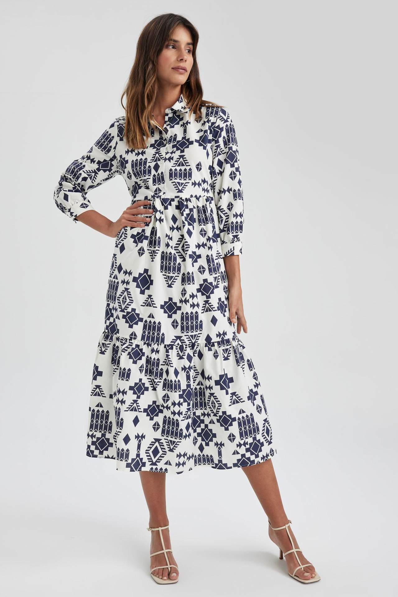 DEFACTO Shirt Guler Terry Cotton Maxi Short Sleeve Dress