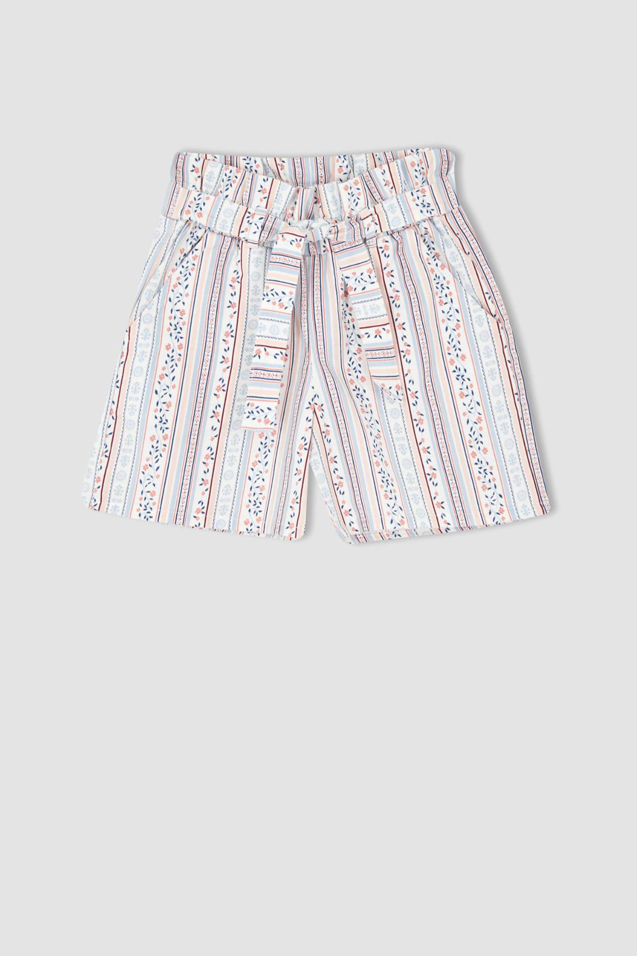 DEFACTO Girl Paperbag Fit Belted Striped Short